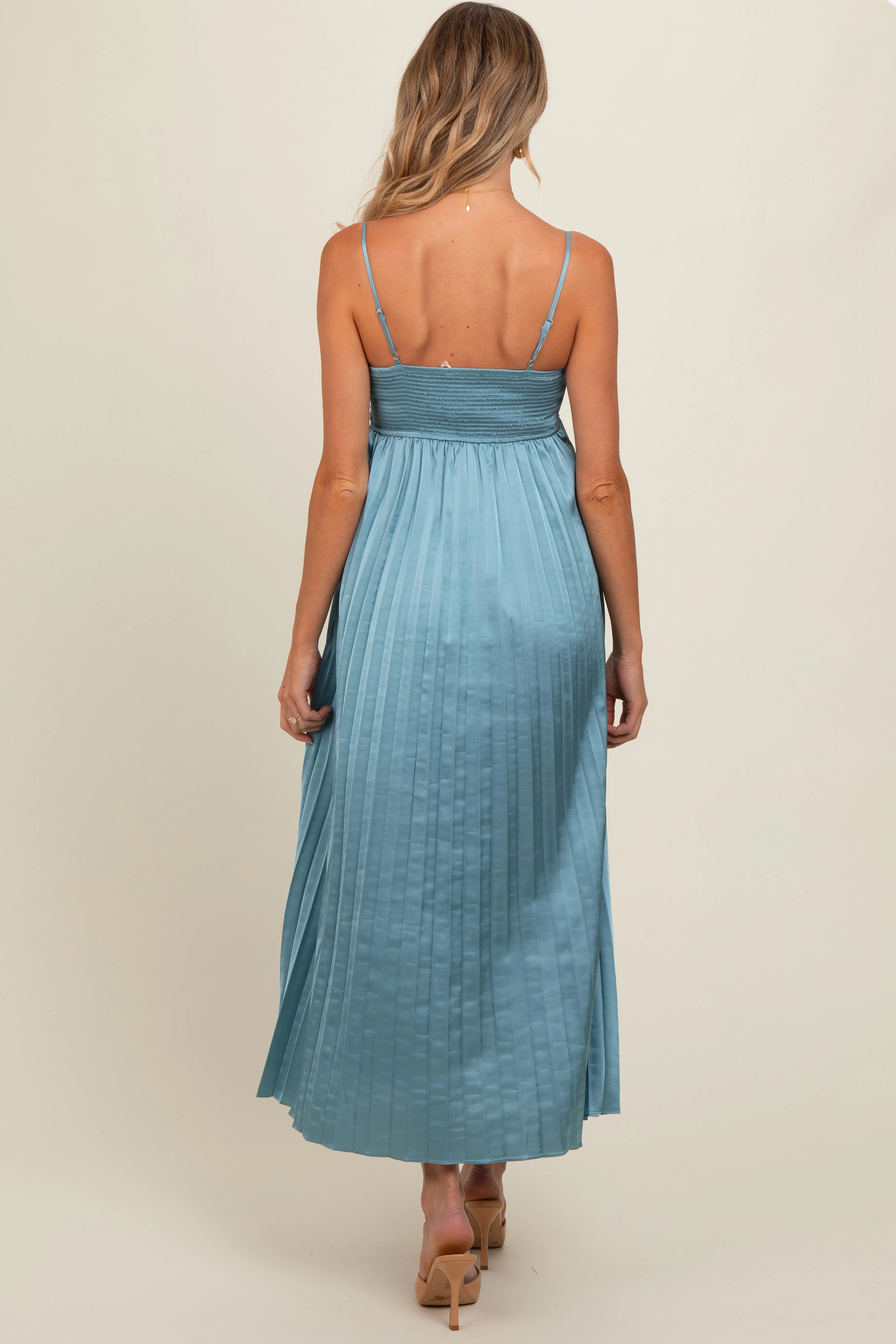 Blue Satin Pleated Maternity Midi Dress sold by Pinkblush product image thumbnail 3
