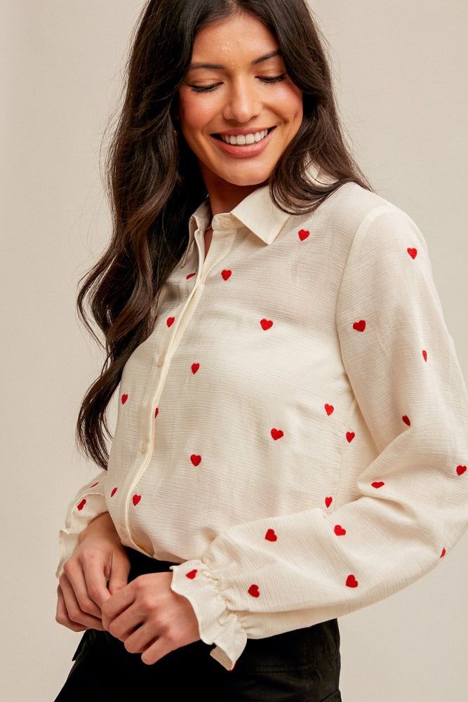 Ivory Red Heart Embroidered Bubble Sleeve Button Down Shirt sold by Pinkblush product image thumbnail 3