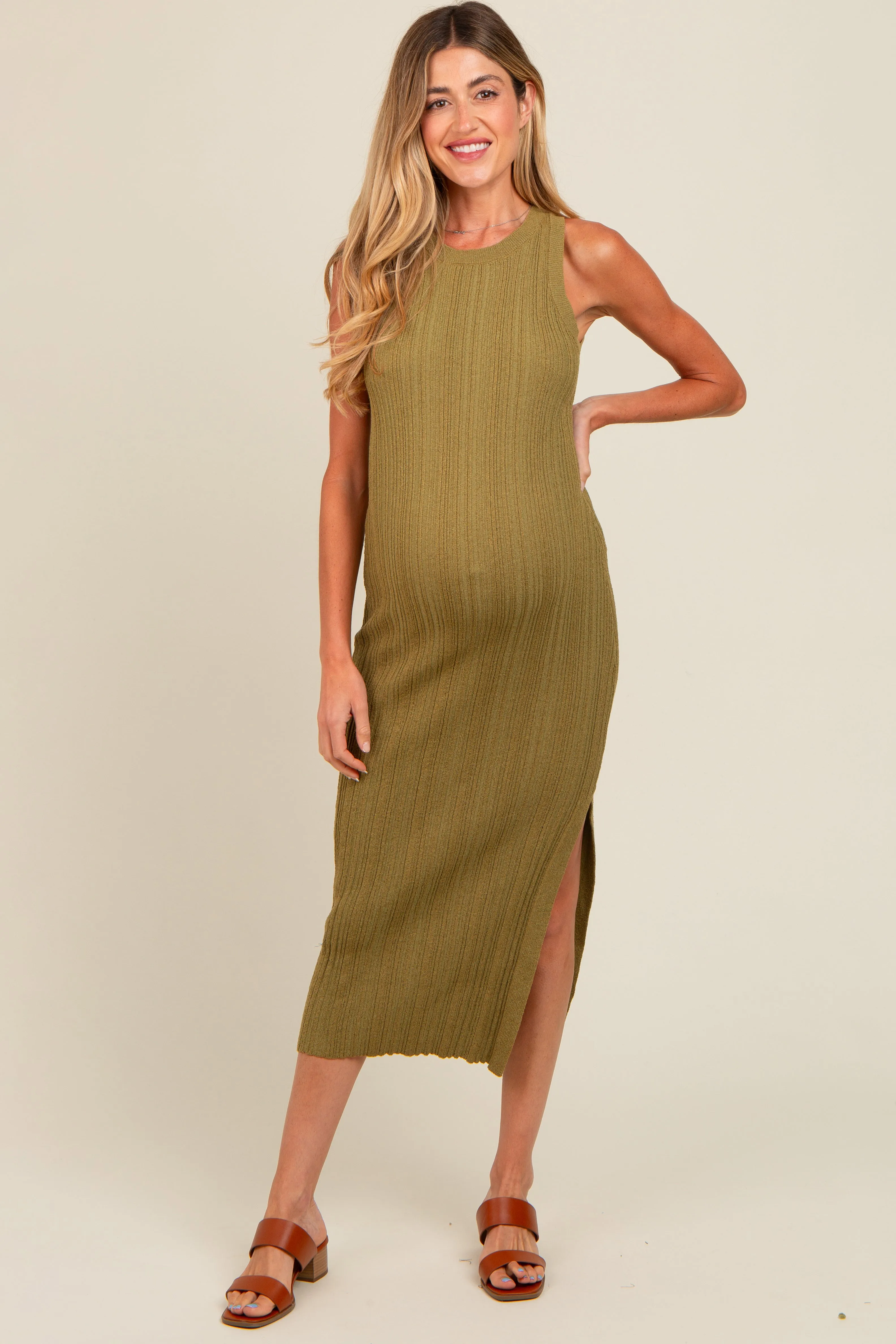 Light Olive Ribbed Side Slit Sleeveless Maternity Midi Dress sold by Pinkblush product image thumbnail 2