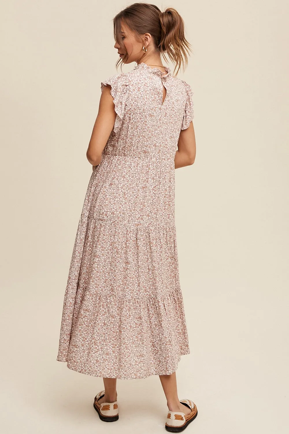 Light Mauve Floral Ruffle Mock Neck Tiered Midi Dress sold by Pinkblush product image thumbnail 3