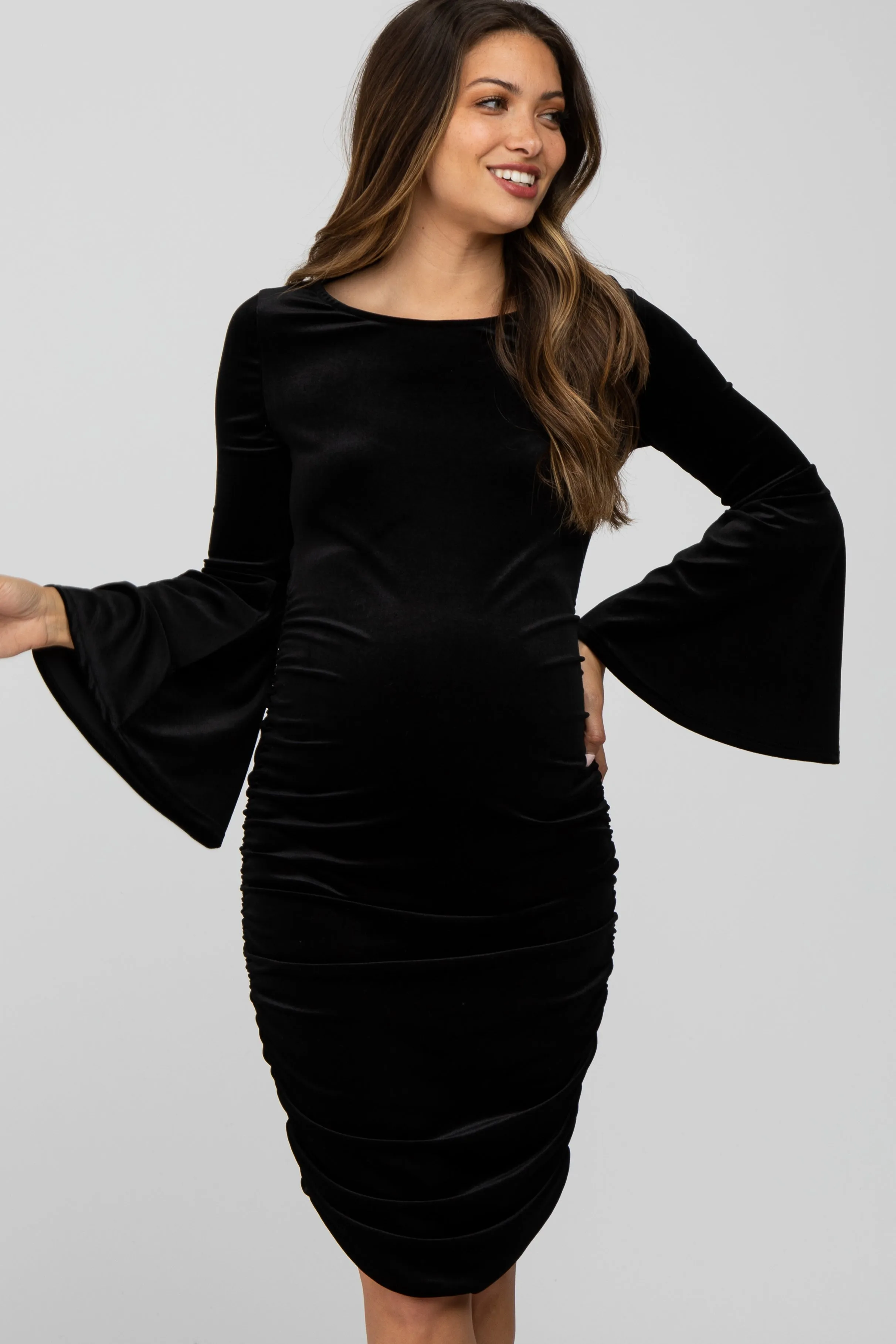 Black Velvet Ruched Bell Sleeve Maternity Dress sold by Pinkblush product image thumbnail 2