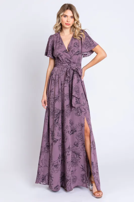 Purple Floral Wrap Front V-Neck Flutter Short Sleeve Maxi Dress sold by Pinkblush