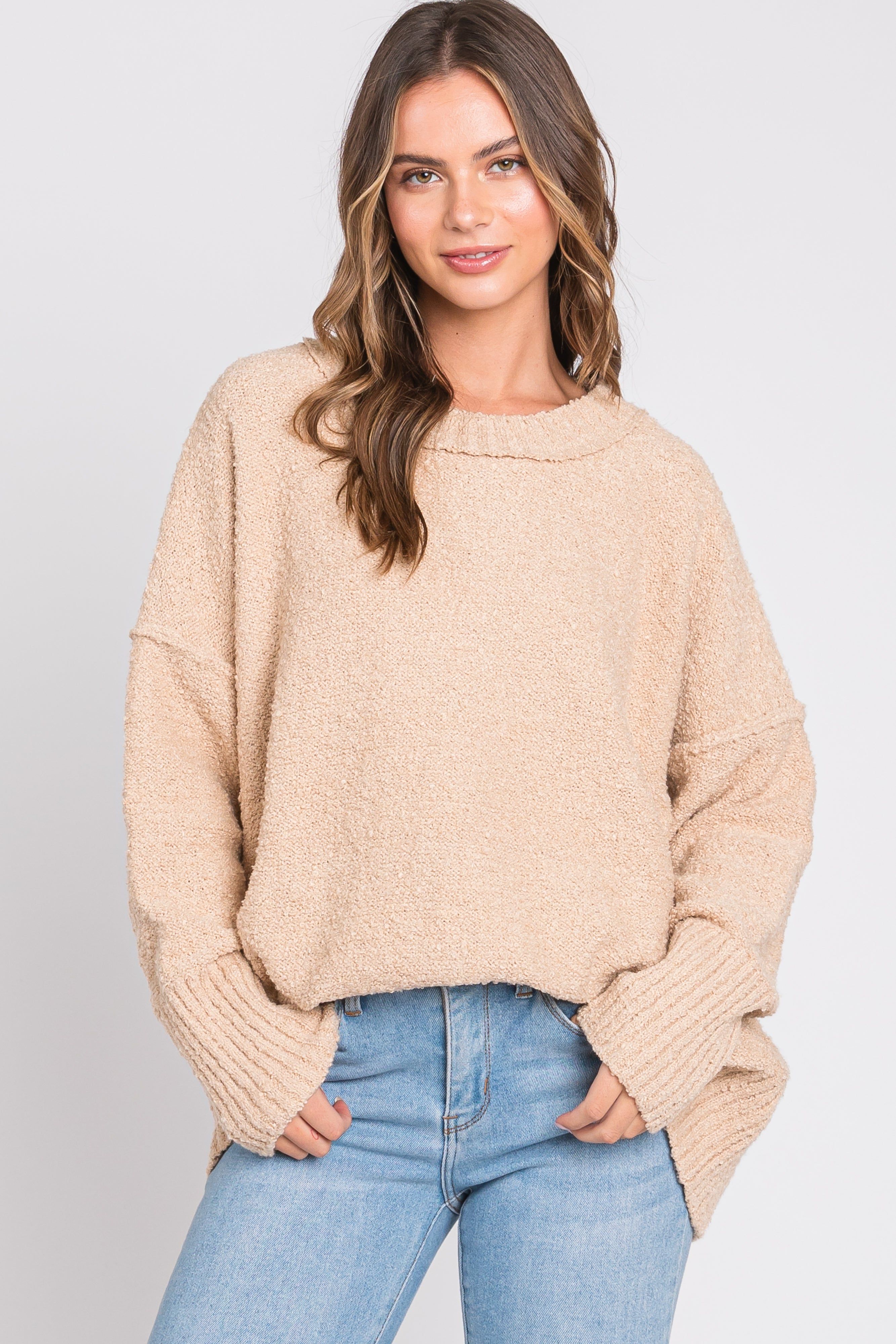 Beige Knit Exposed Seam Sweater sold by Pinkblush