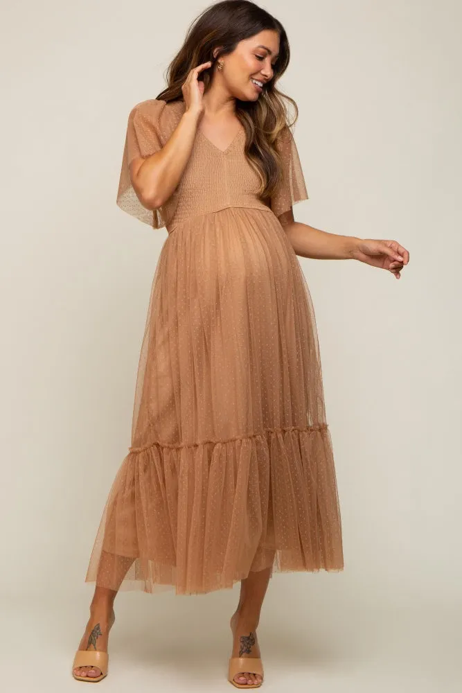 Mocha Dotted Tulle Smocked Maternity Midi Dress sold by Pinkblush product image thumbnail 4