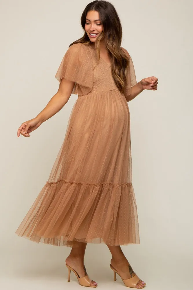 Mocha Dotted Tulle Smocked Maternity Midi Dress sold by Pinkblush