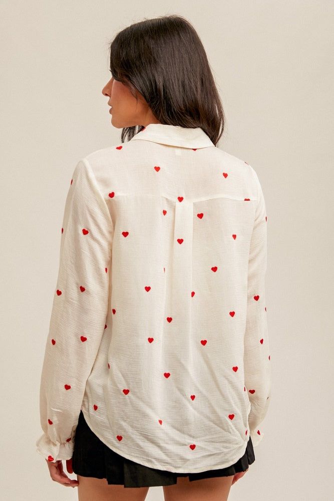 Ivory Red Heart Embroidered Bubble Sleeve Button Down Shirt sold by Pinkblush product image thumbnail 4