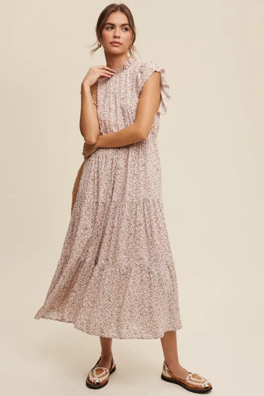 Light Mauve Floral Ruffle Mock Neck Tiered Midi Dress sold by Pinkblush