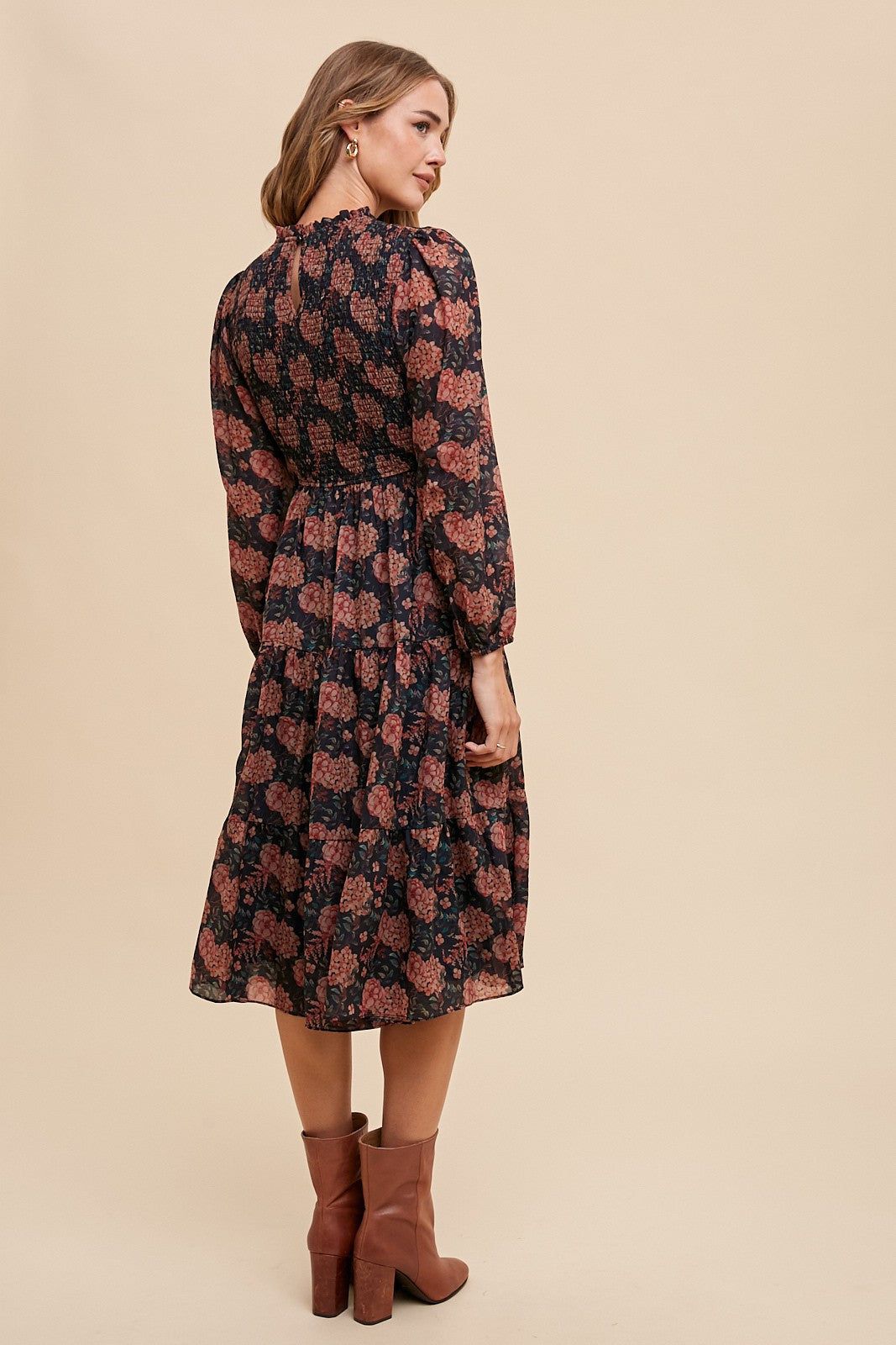 Black Flower Print Smocking Bodice Woven Midi Dress sold by Pinkblush product image thumbnail 3