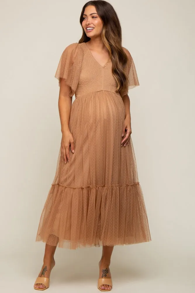 Mocha Dotted Tulle Smocked Maternity Midi Dress sold by Pinkblush product image thumbnail 5