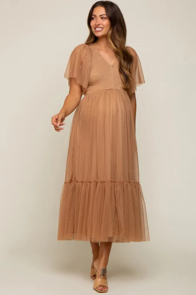 Mocha Dotted Tulle Smocked Maternity Midi Dress sold by Pinkblush product image thumbnail 2