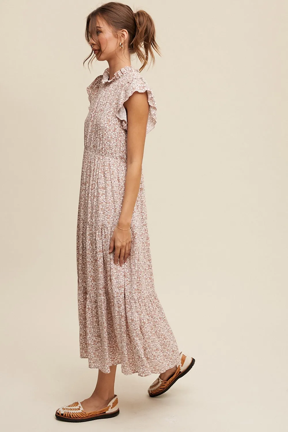 Light Mauve Floral Ruffle Mock Neck Tiered Midi Dress sold by Pinkblush product image thumbnail 2