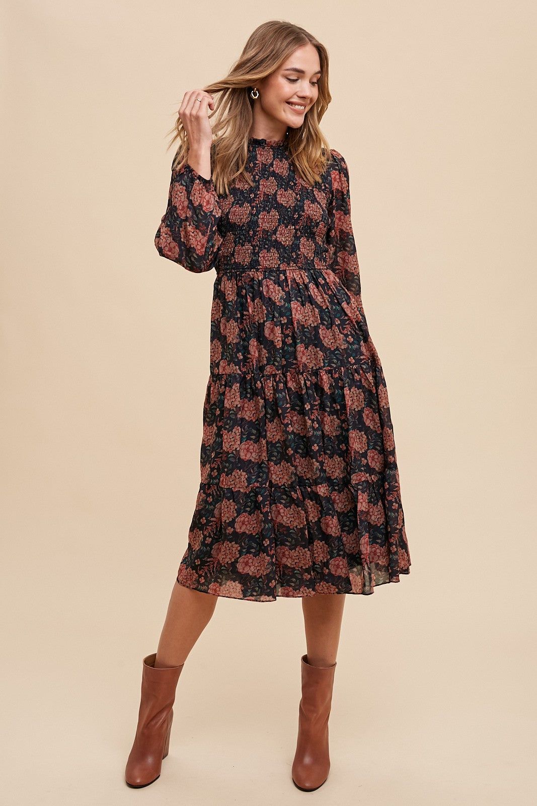 Black Flower Print Smocking Bodice Woven Midi Dress sold by Pinkblush product image thumbnail 4