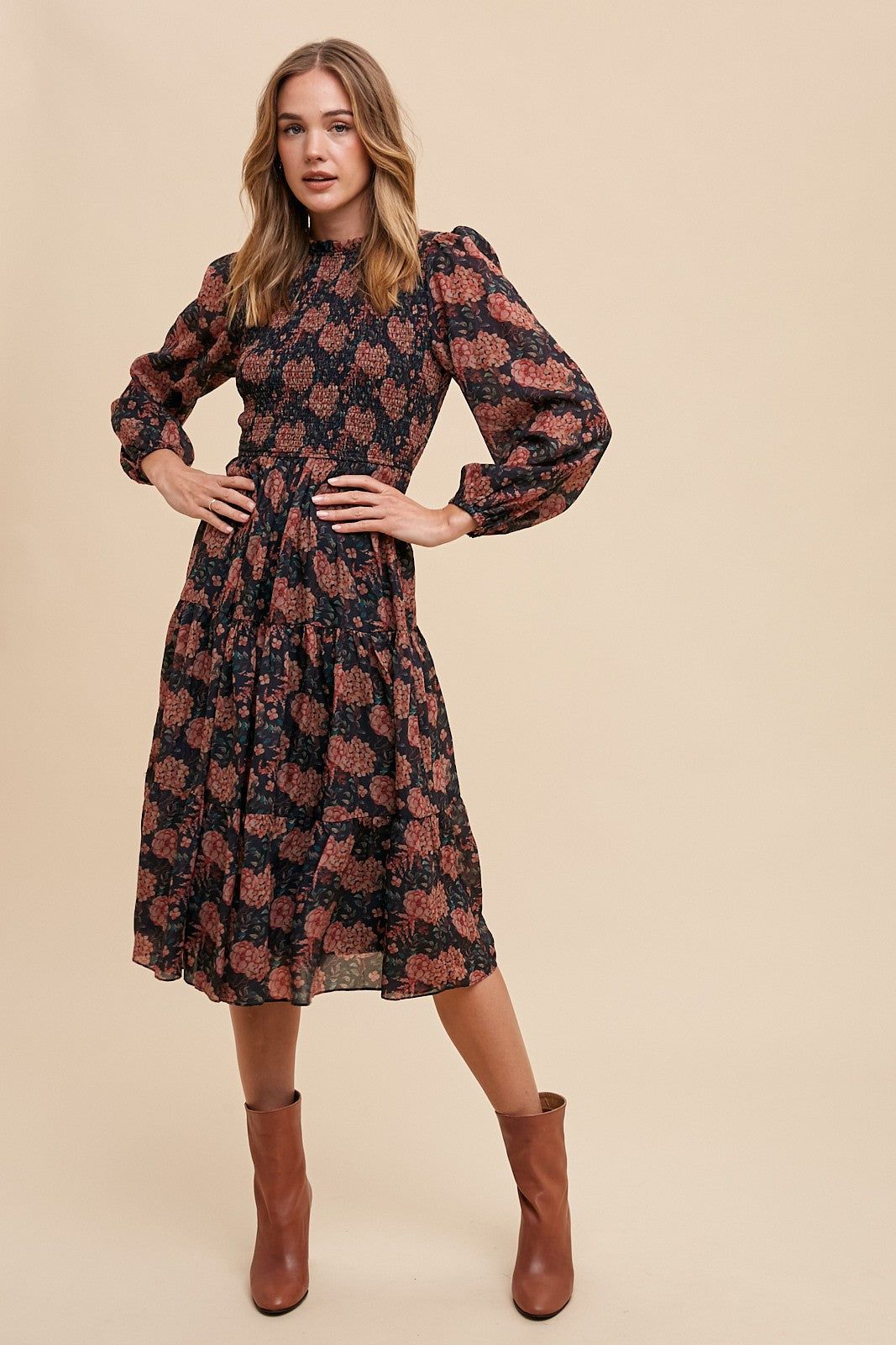 Black Flower Print Smocking Bodice Woven Midi Dress sold by Pinkblush