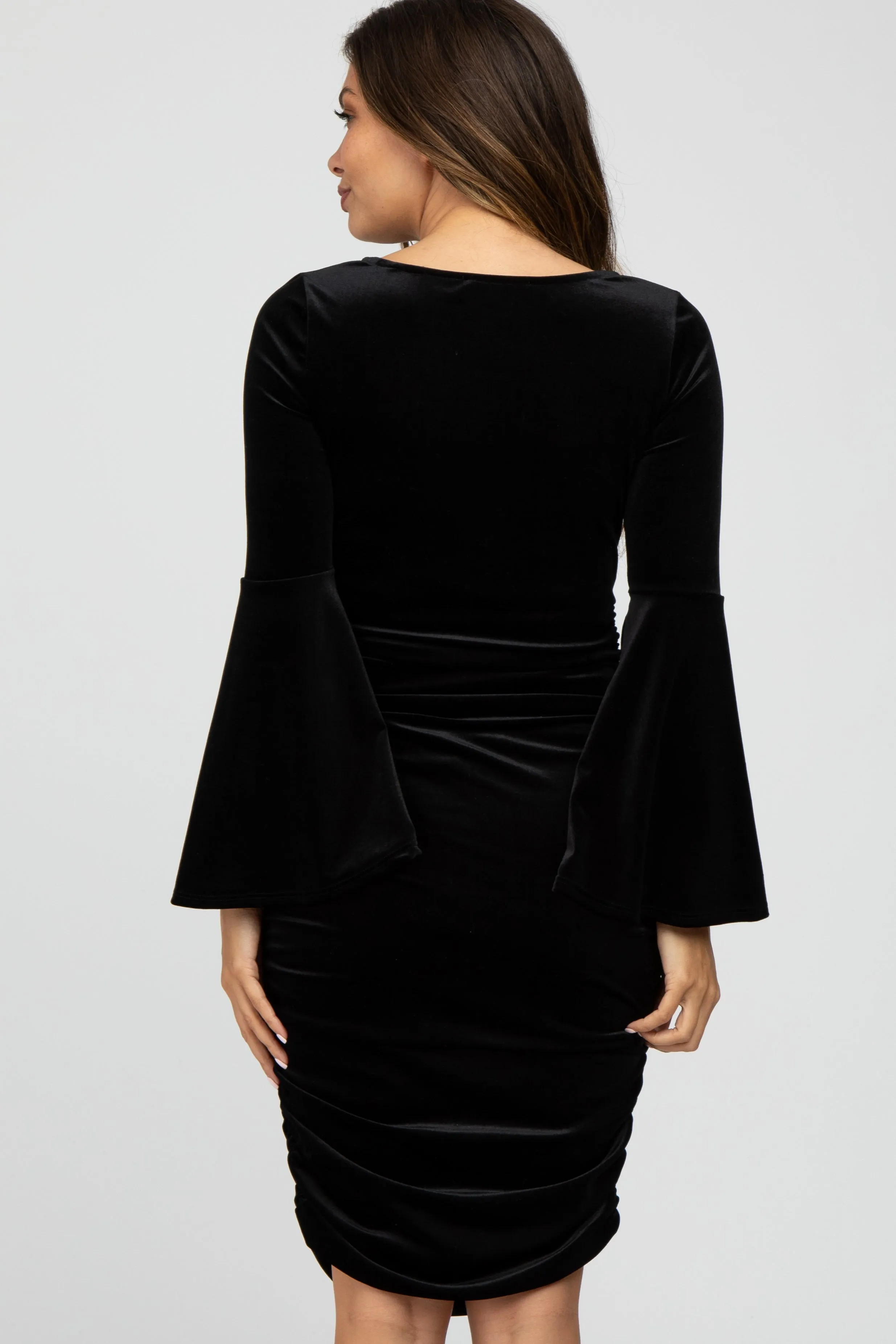 Black Velvet Ruched Bell Sleeve Maternity Dress sold by Pinkblush product image thumbnail 4