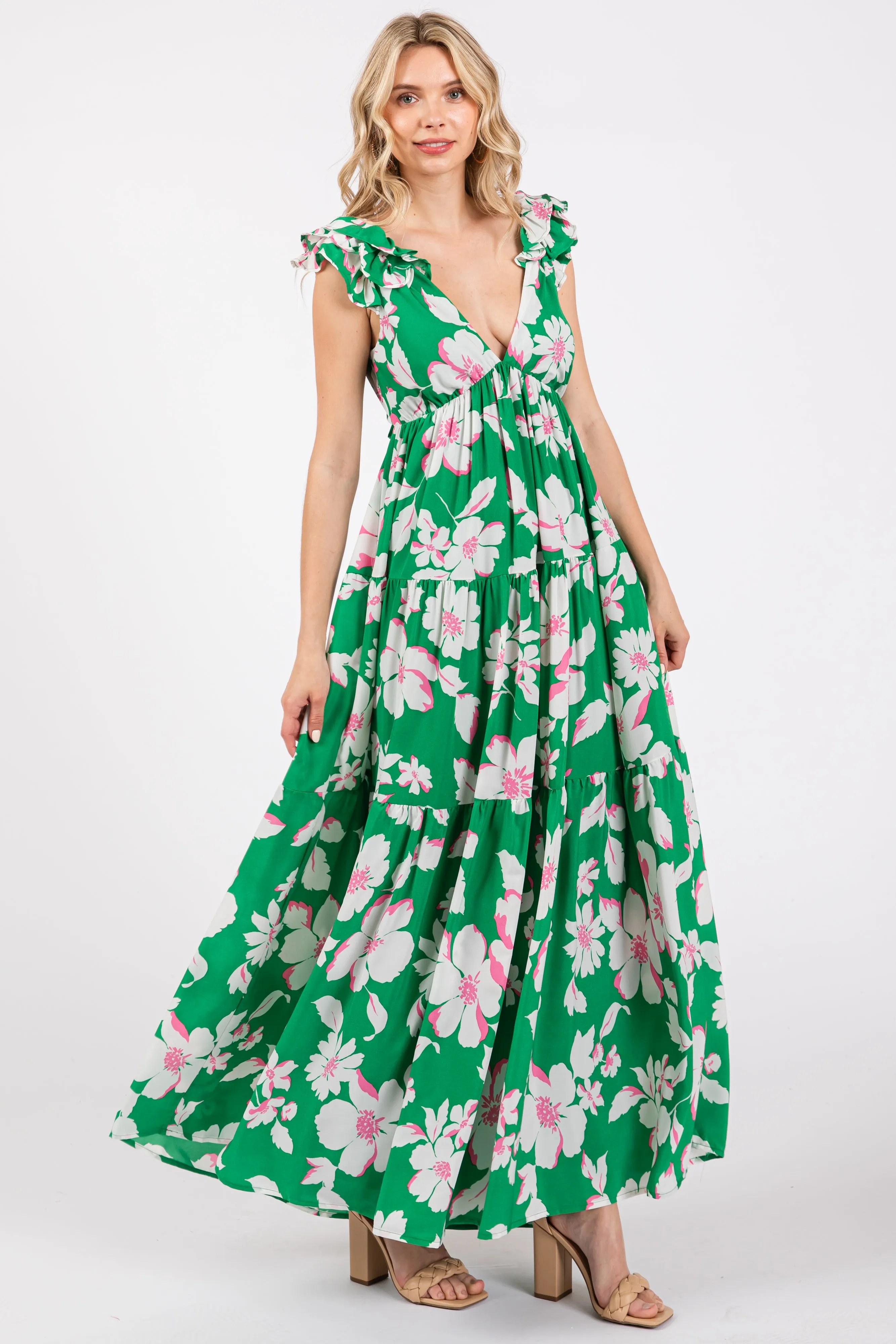 Green Floral Deep V-Neck Open Back Maxi Dress sold by Pinkblush product image thumbnail 2