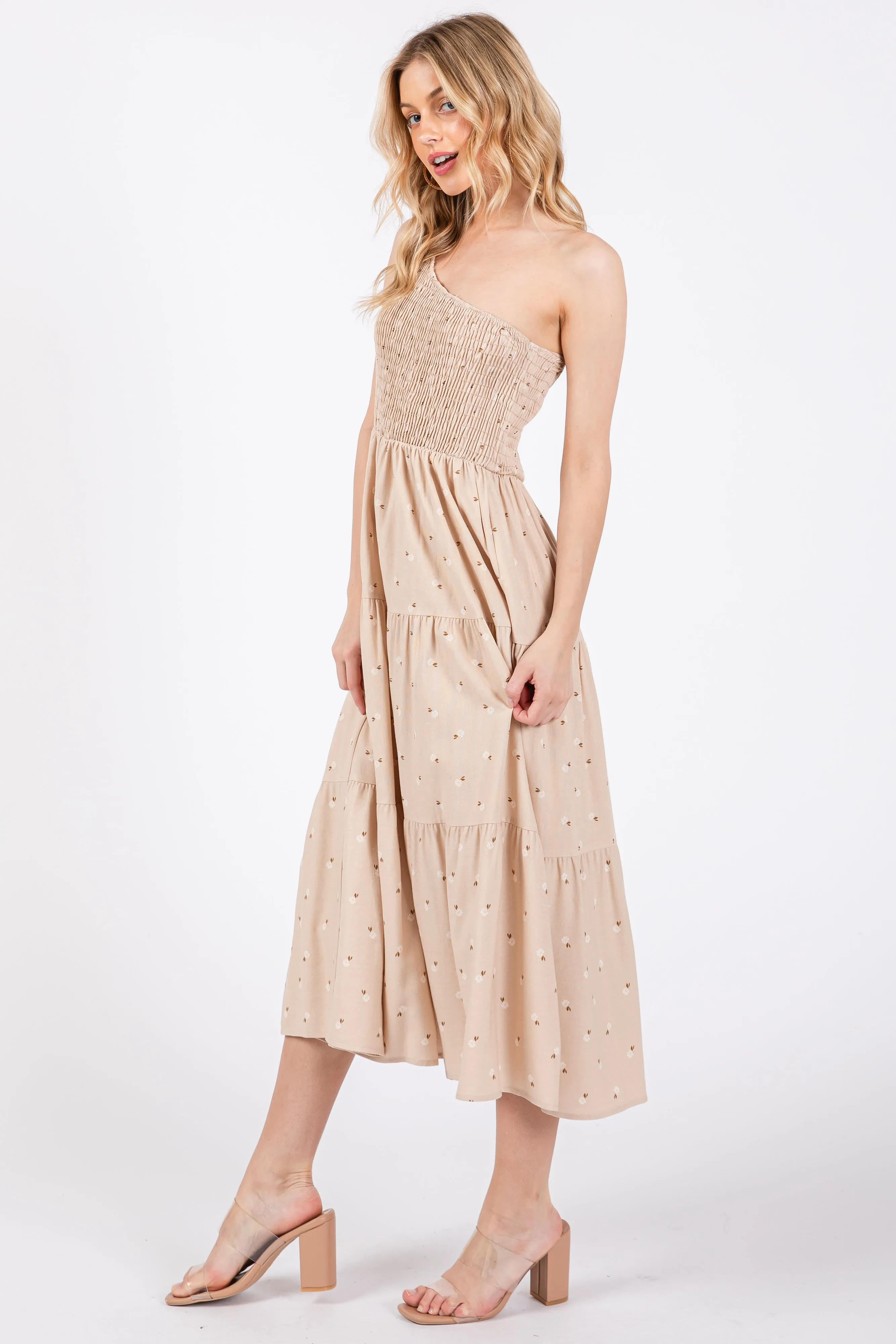 Beige Floral Linen Smocked One Shoulder Tiered Midi Dress sold by Pinkblush product image thumbnail 2