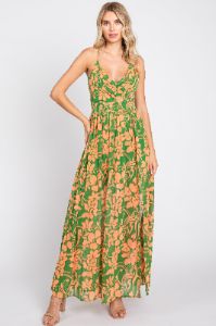 Green Floral Chiffon Pleated V-Neck Sleeveless Maternity Maxi Dress sold by Pinkblush