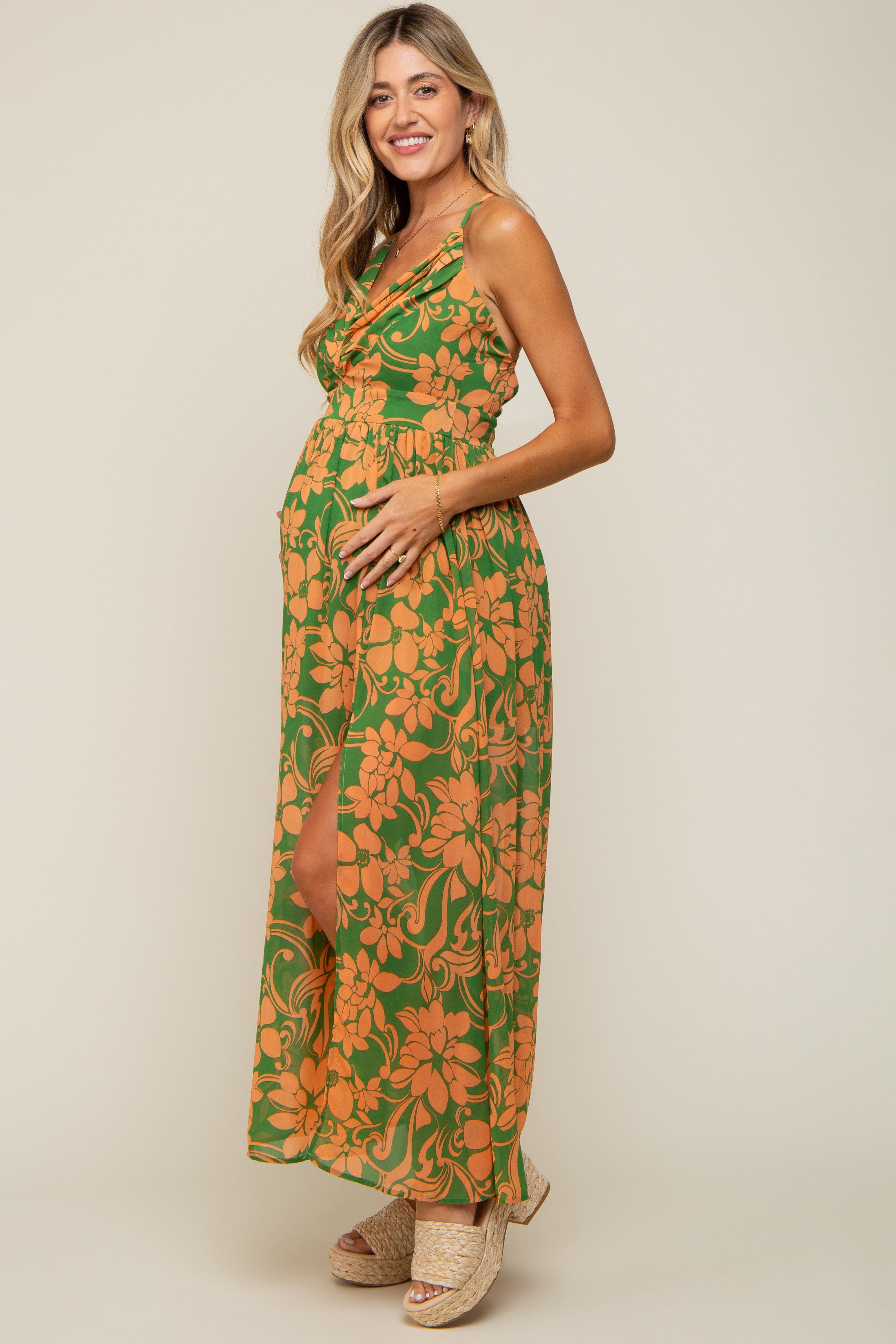 Green Floral Chiffon Pleated V-Neck Sleeveless Maternity Maxi Dress sold by Pinkblush product image thumbnail 2