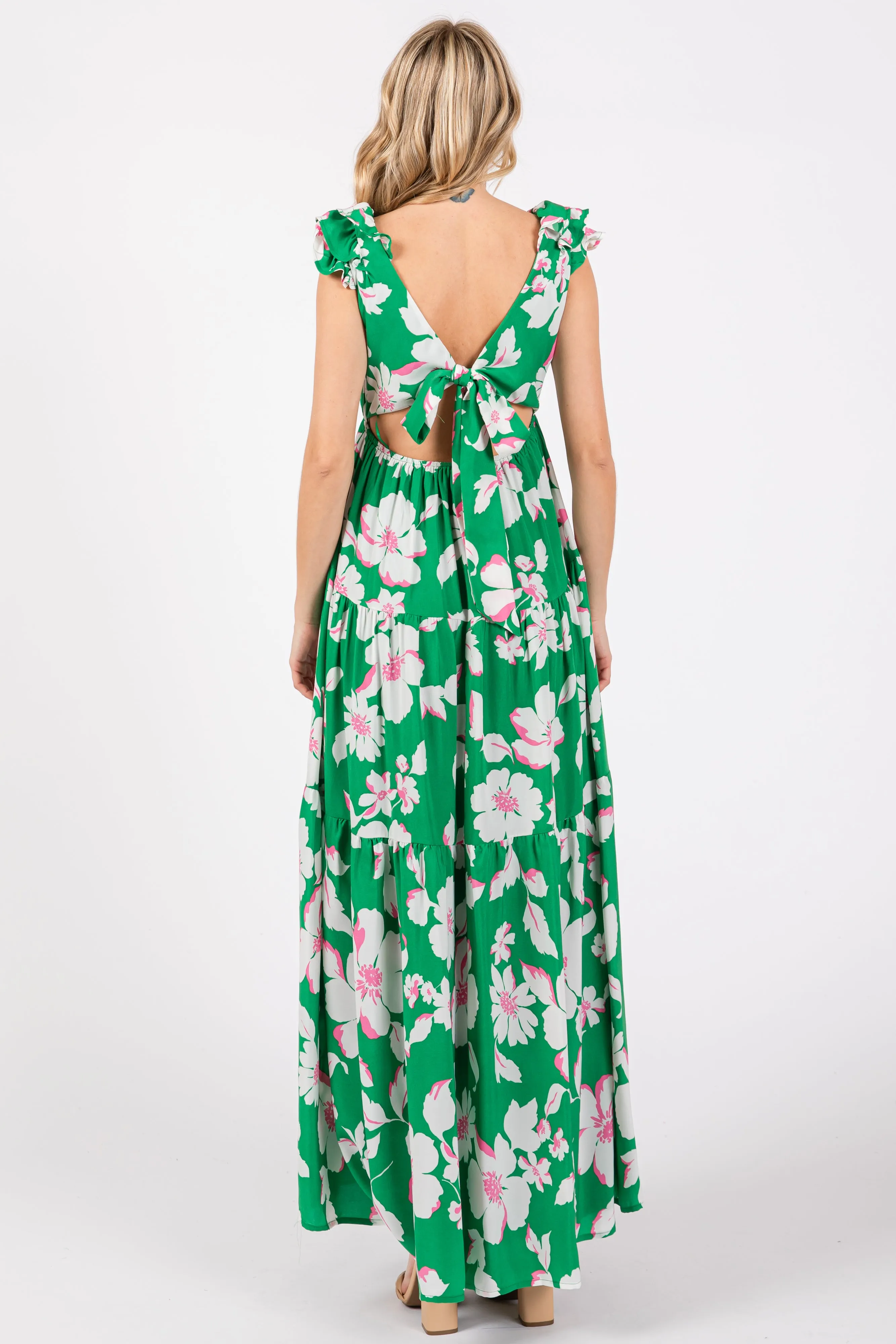 Green Floral Deep V-Neck Open Back Maxi Dress sold by Pinkblush product image thumbnail 3