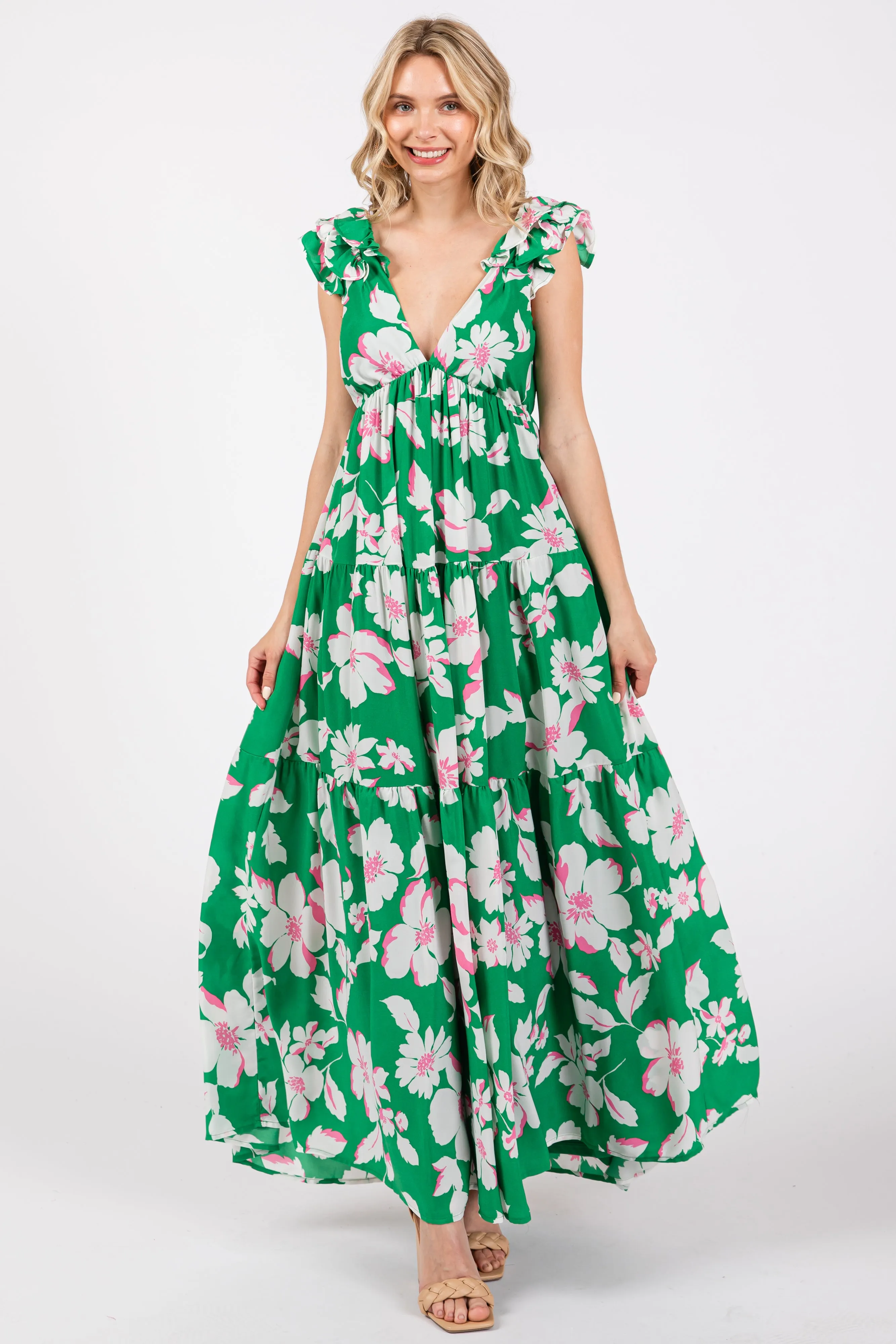 Green Floral Deep V-Neck Open Back Maxi Dress sold by Pinkblush
