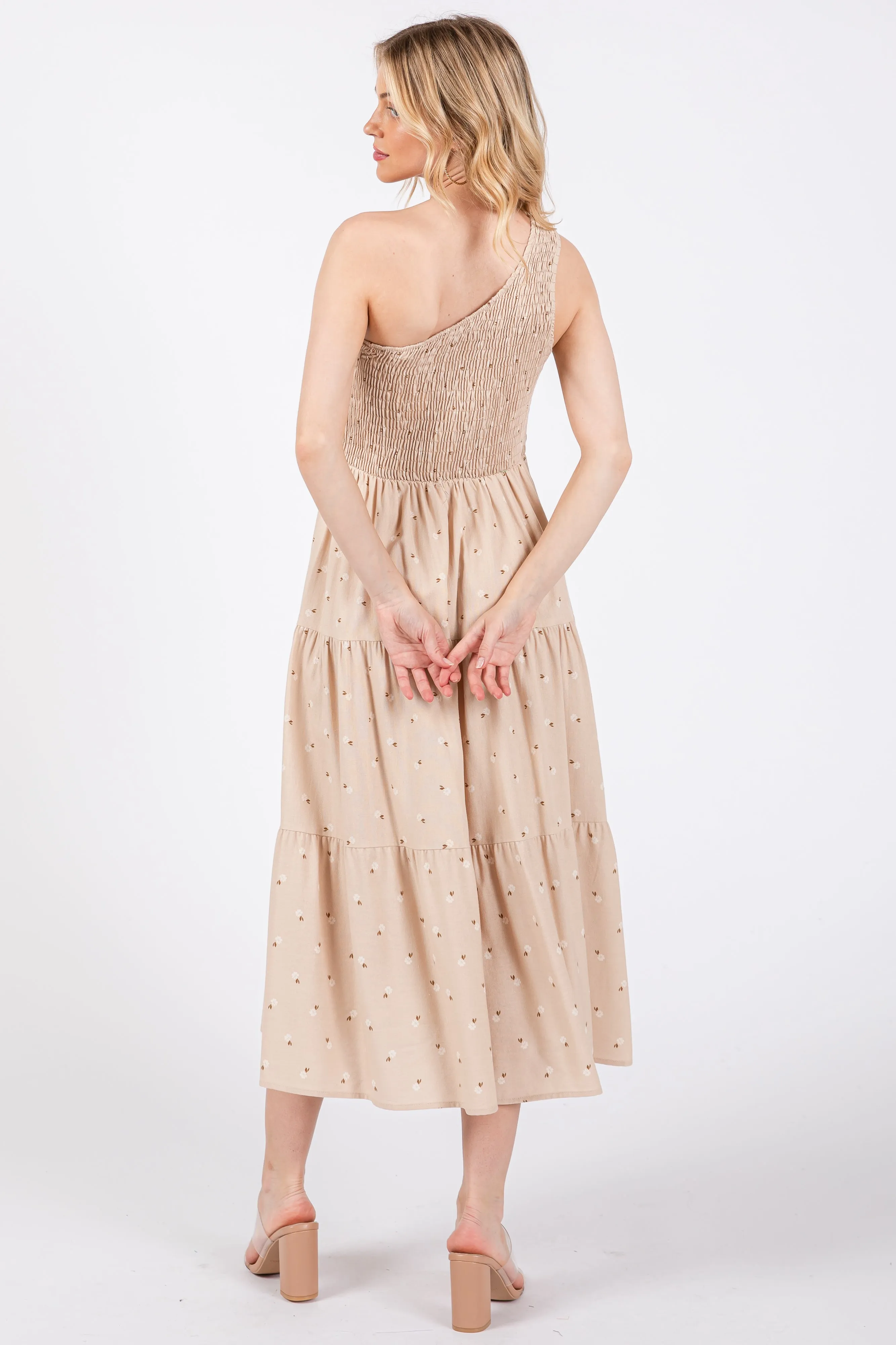 Beige Floral Linen Smocked One Shoulder Tiered Midi Dress sold by Pinkblush product image thumbnail 3