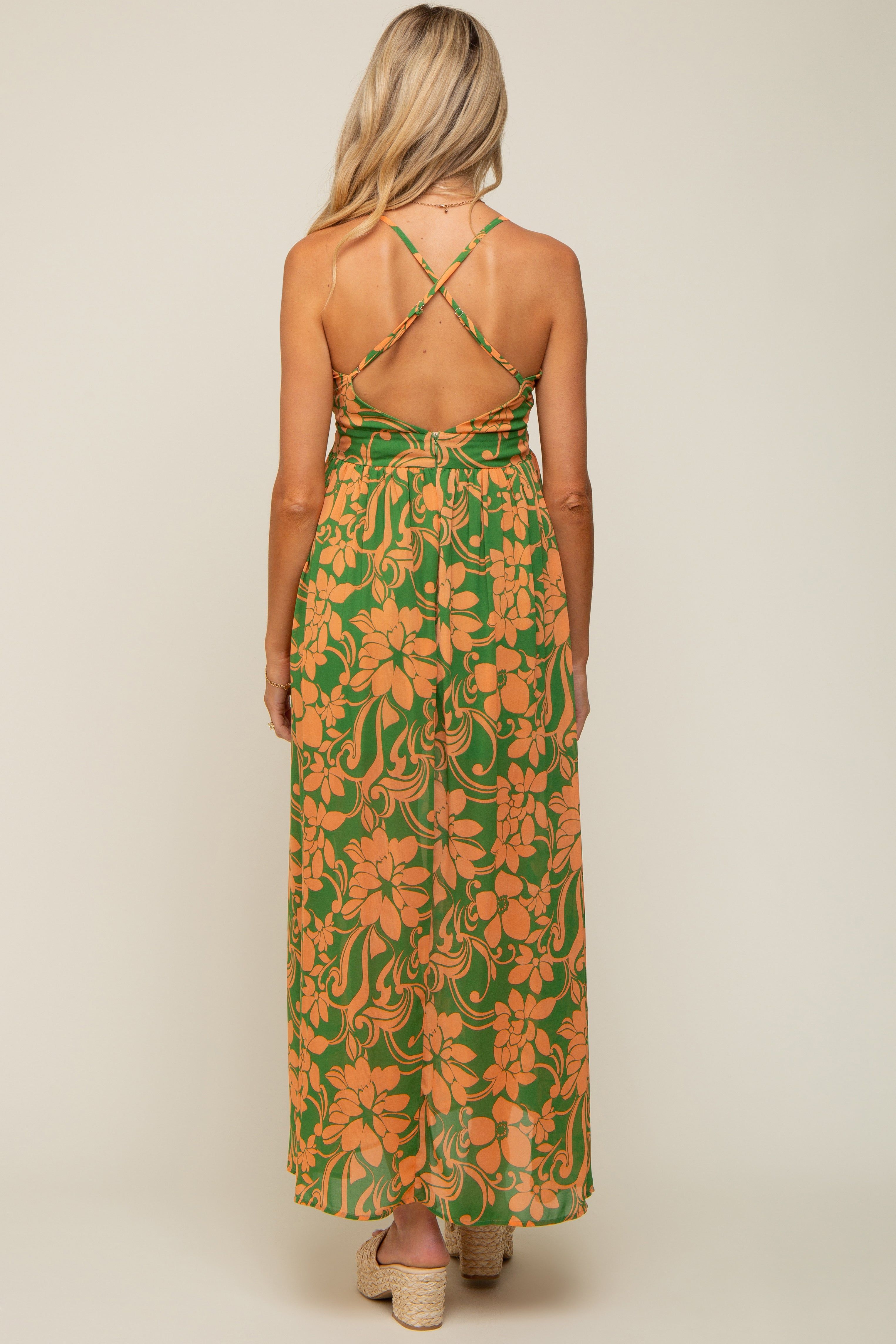 Green Floral Chiffon Pleated V-Neck Sleeveless Maternity Maxi Dress sold by Pinkblush product image thumbnail 3