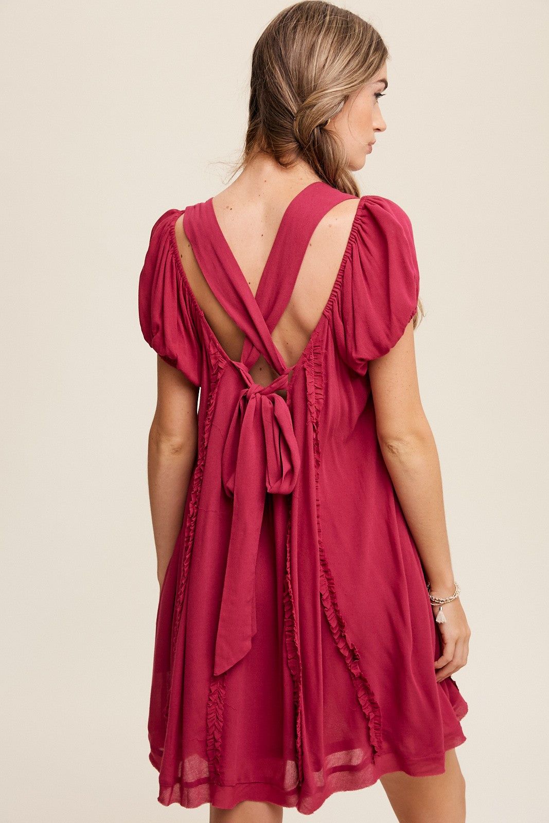 Magenta Square Neck Puff Sleeve Flowy Dress With Ruffle sold by Pinkblush product image thumbnail 4