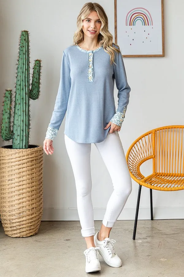Light Blue Floral Accent Henley Top sold by Pinkblush product image thumbnail 5