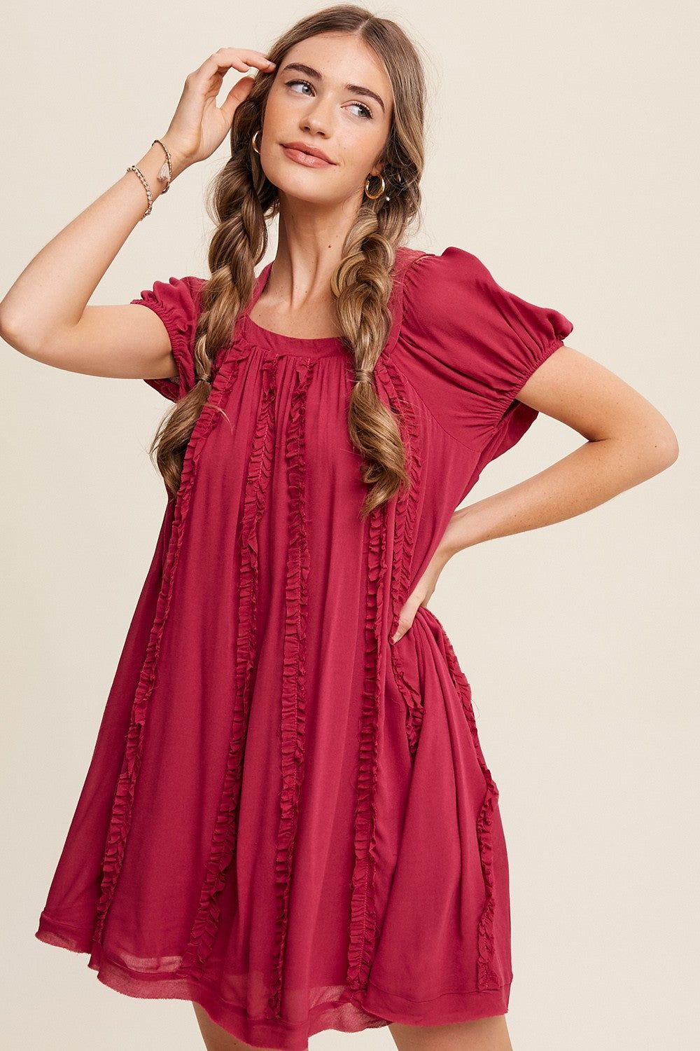Magenta Square Neck Puff Sleeve Flowy Dress With Ruffle sold by Pinkblush