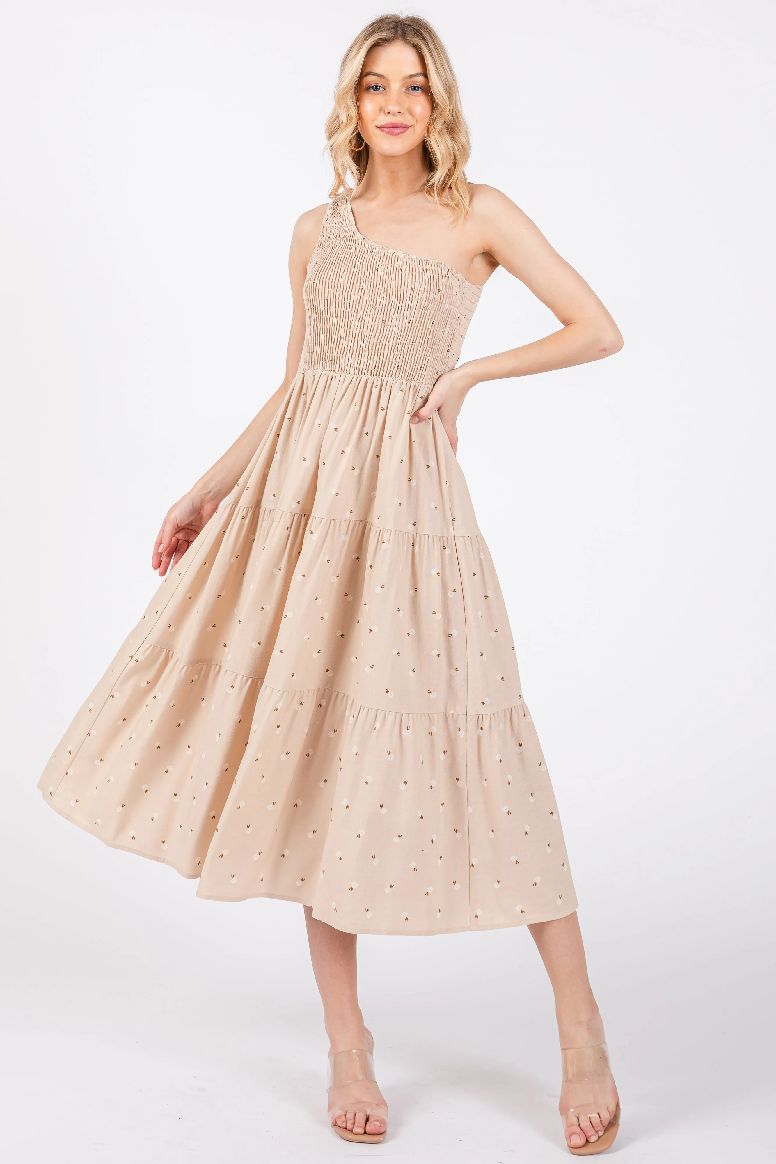 Beige Floral Linen Smocked One Shoulder Tiered Midi Dress sold by Pinkblush