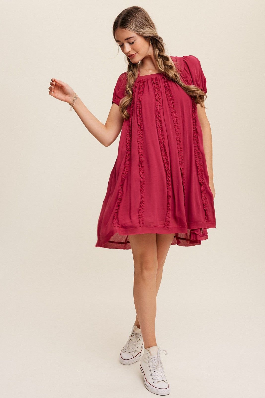Magenta Square Neck Puff Sleeve Flowy Dress With Ruffle sold by Pinkblush product image thumbnail 5