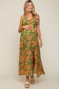 Green Floral Chiffon Pleated V-Neck Sleeveless Maternity Maxi Dress sold by Pinkblush