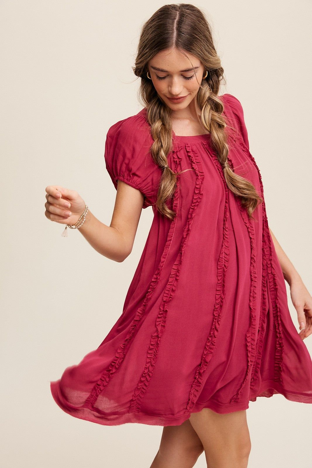 Magenta Square Neck Puff Sleeve Flowy Dress With Ruffle sold by Pinkblush product image thumbnail 2