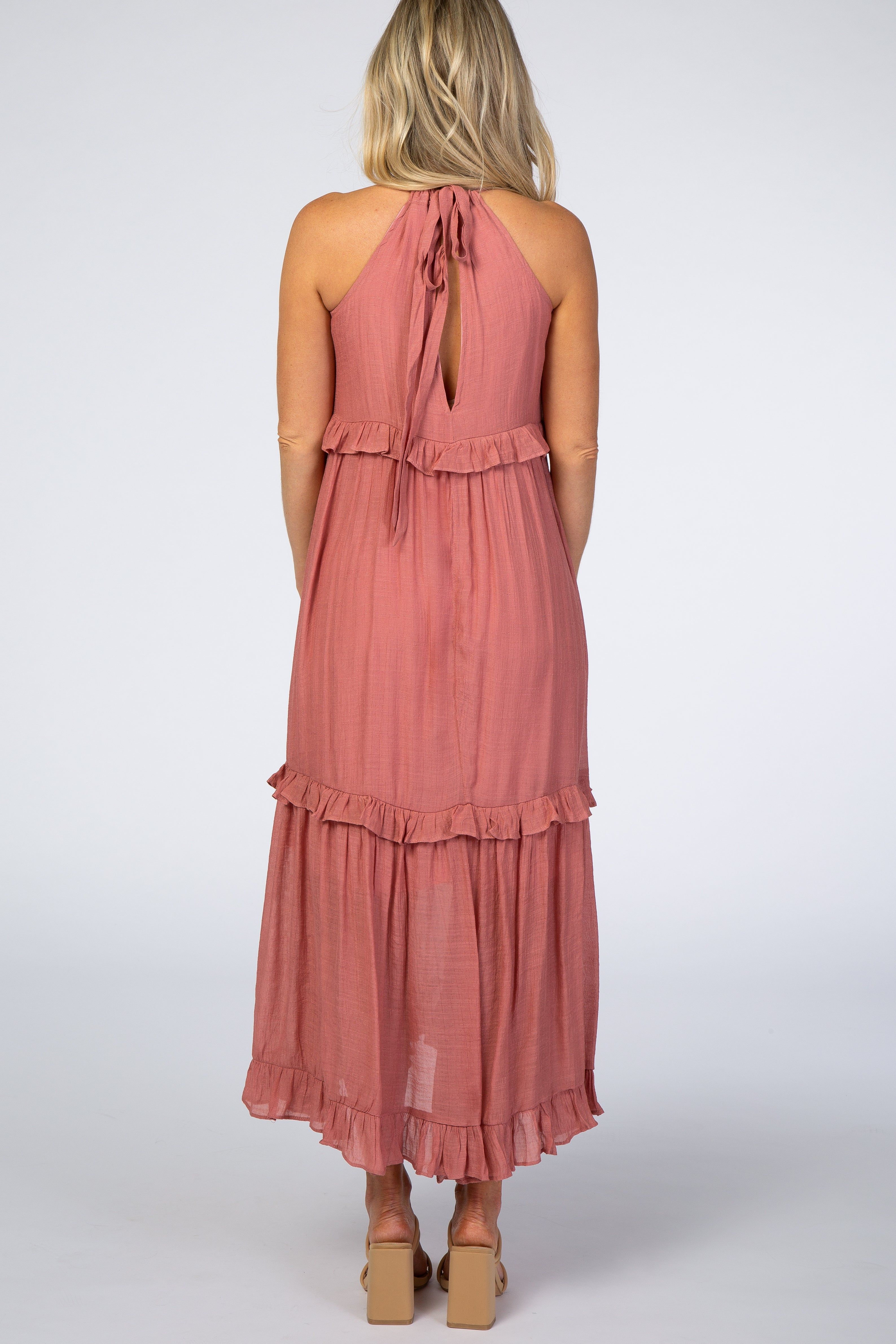 Mauve Halter Neck Ruffle Trim Maternity Maxi Dress sold by Pinkblush product image thumbnail 3