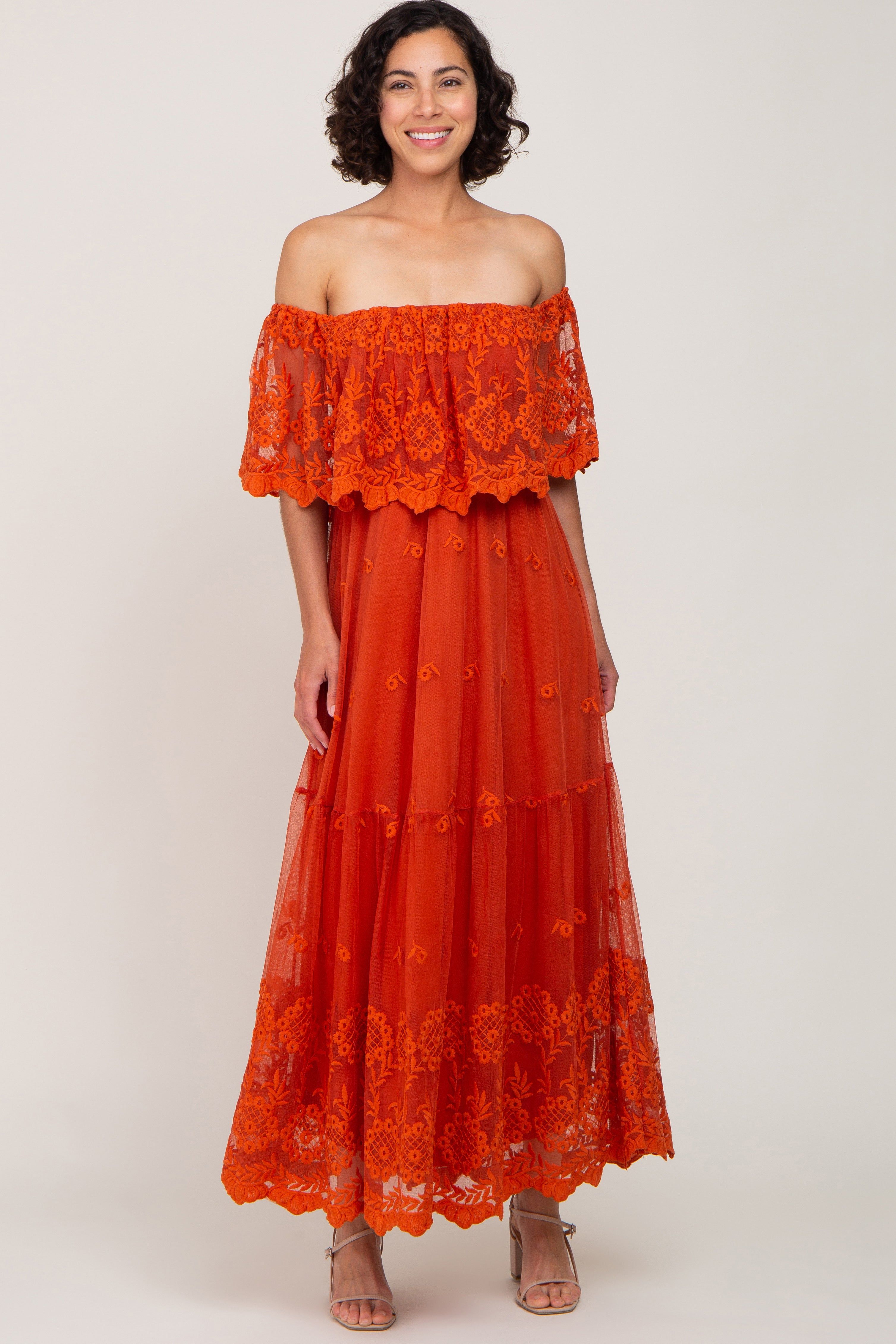Rust Overlay Off Shoulder Maxi Dress sold by Pinkblush