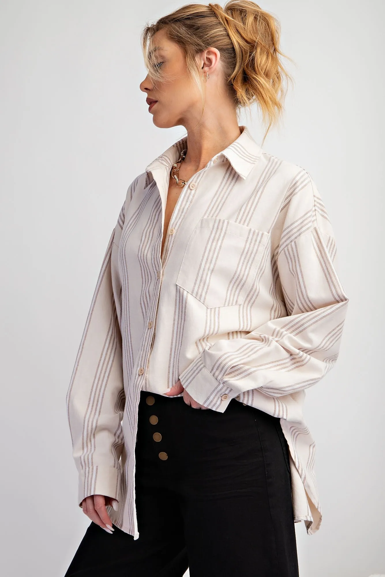 Taupe Stripe Button Down Shirt sold by Pinkblush product image thumbnail 3
