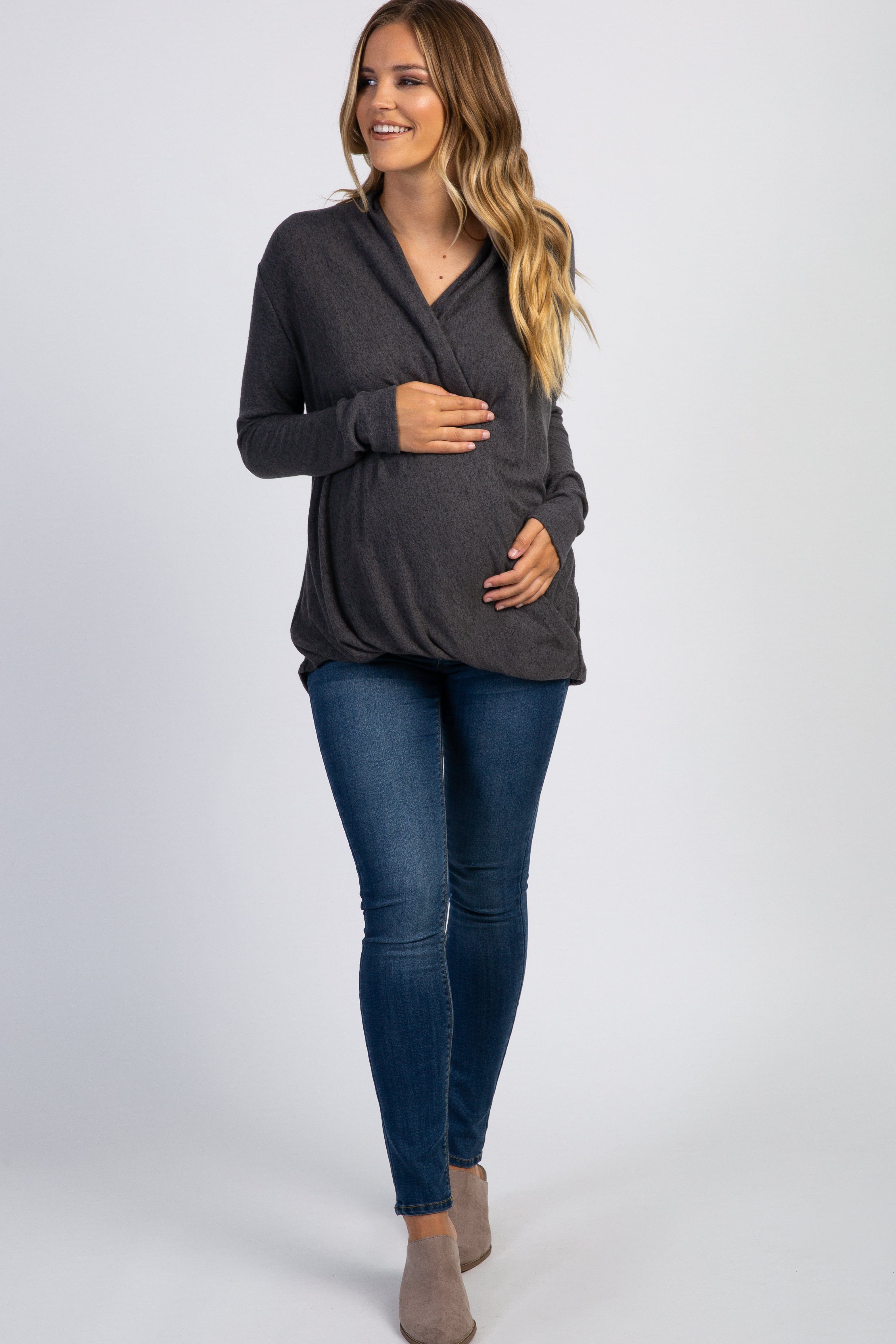 PinkBlush Charcoal Grey Draped Wrap V-Neck Maternity Nursing Top sold by Pinkblush product image thumbnail 4