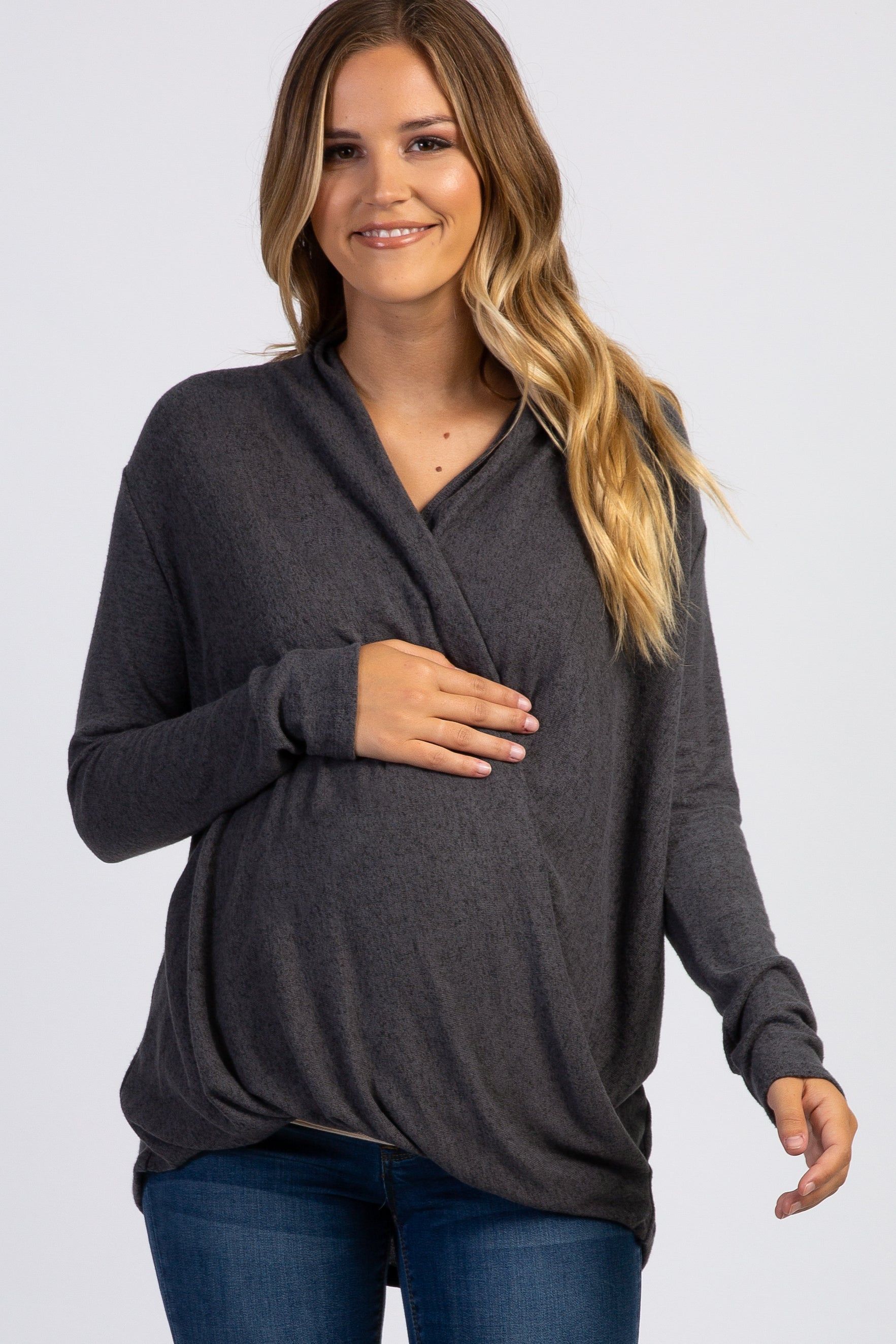 PinkBlush Charcoal Grey Draped Wrap V-Neck Maternity Nursing Top sold by Pinkblush
