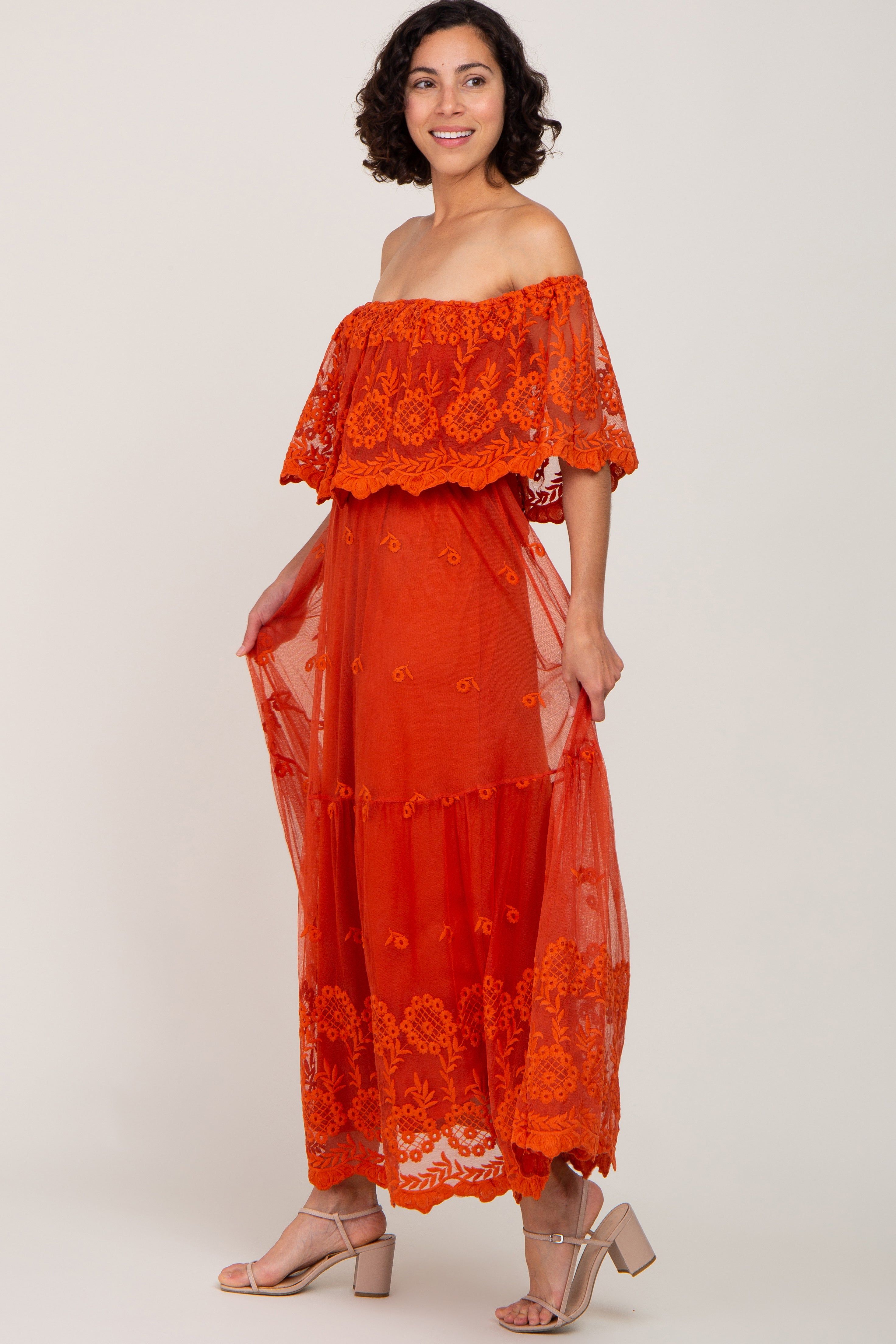 Rust Overlay Off Shoulder Maxi Dress sold by Pinkblush product image thumbnail 2