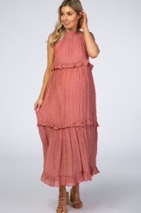 Mauve Halter Neck Ruffle Trim Maternity Maxi Dress sold by Pinkblush
