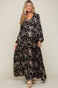 Black Floral Wrap Maternity Maxi Dress sold by Pinkblush