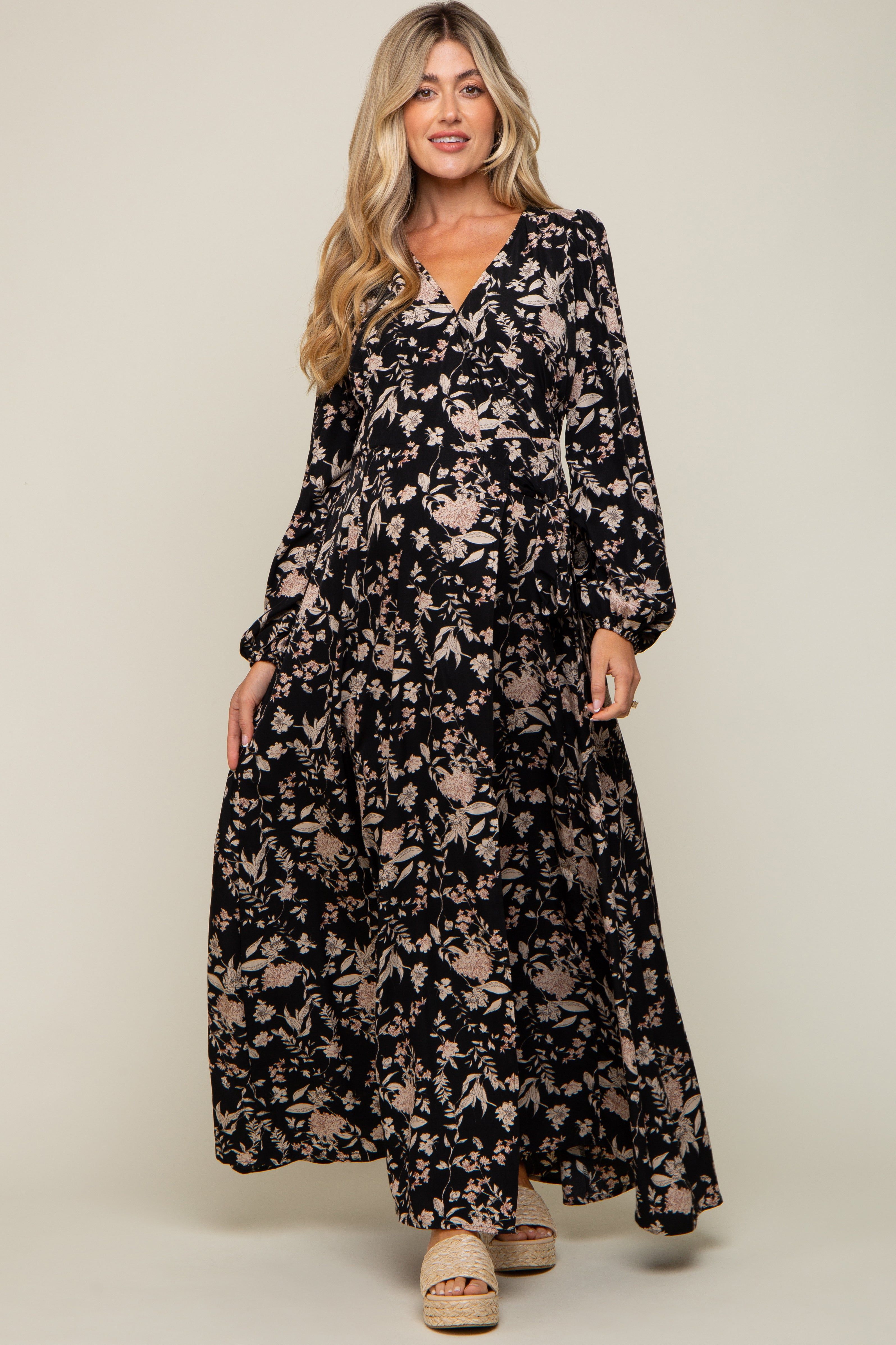 Black Floral Wrap Maternity Maxi Dress sold by Pinkblush product image thumbnail 4