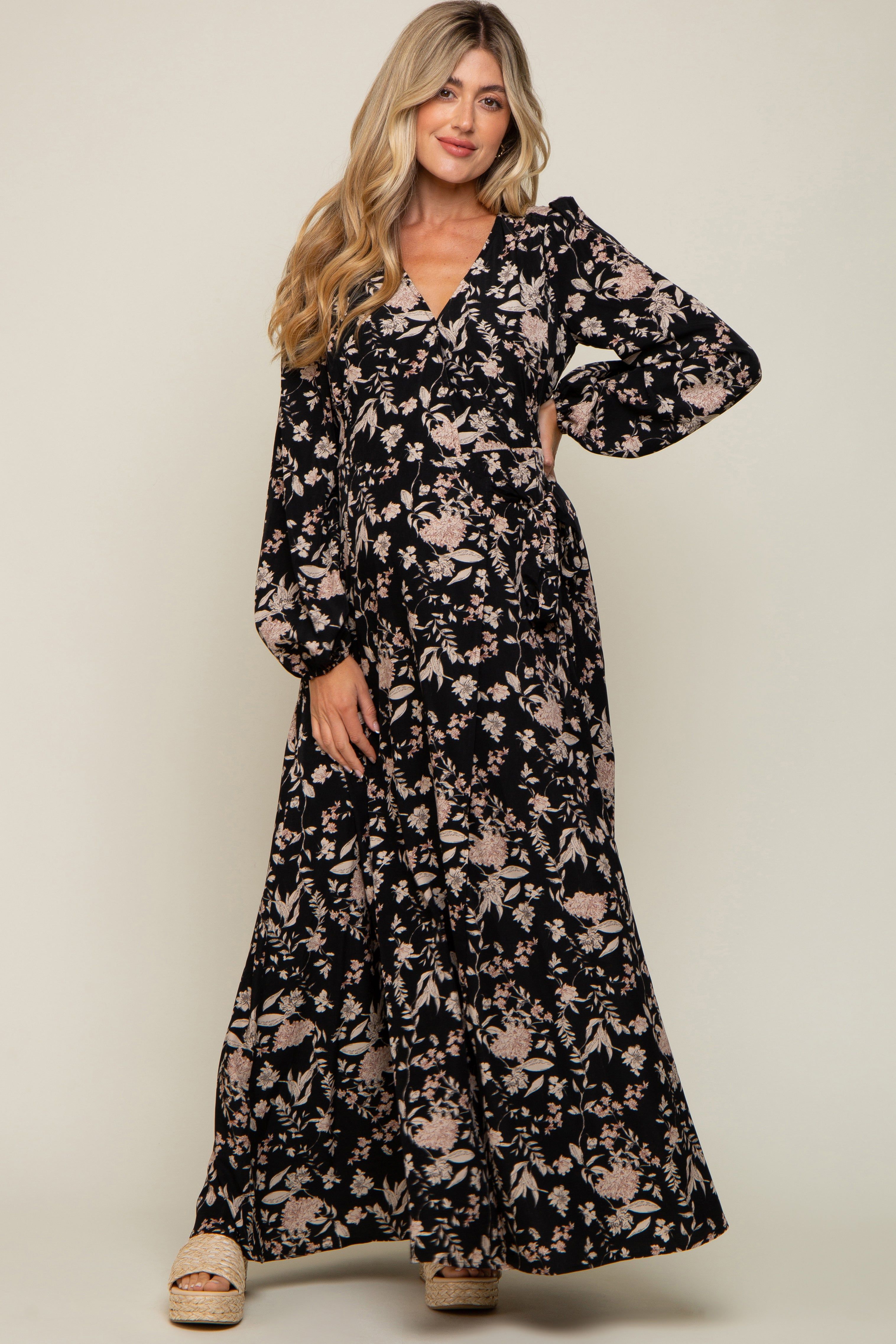 Black Floral Wrap Maternity Maxi Dress sold by Pinkblush