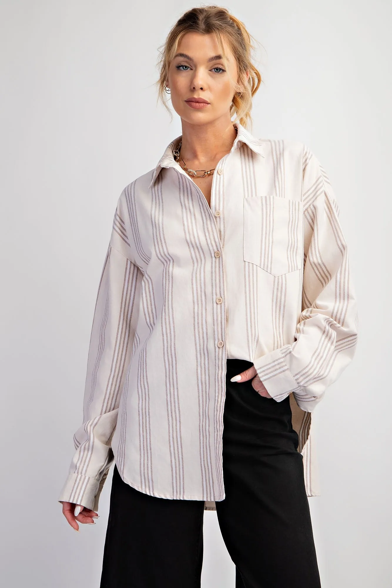 Taupe Stripe Button Down Shirt sold by Pinkblush