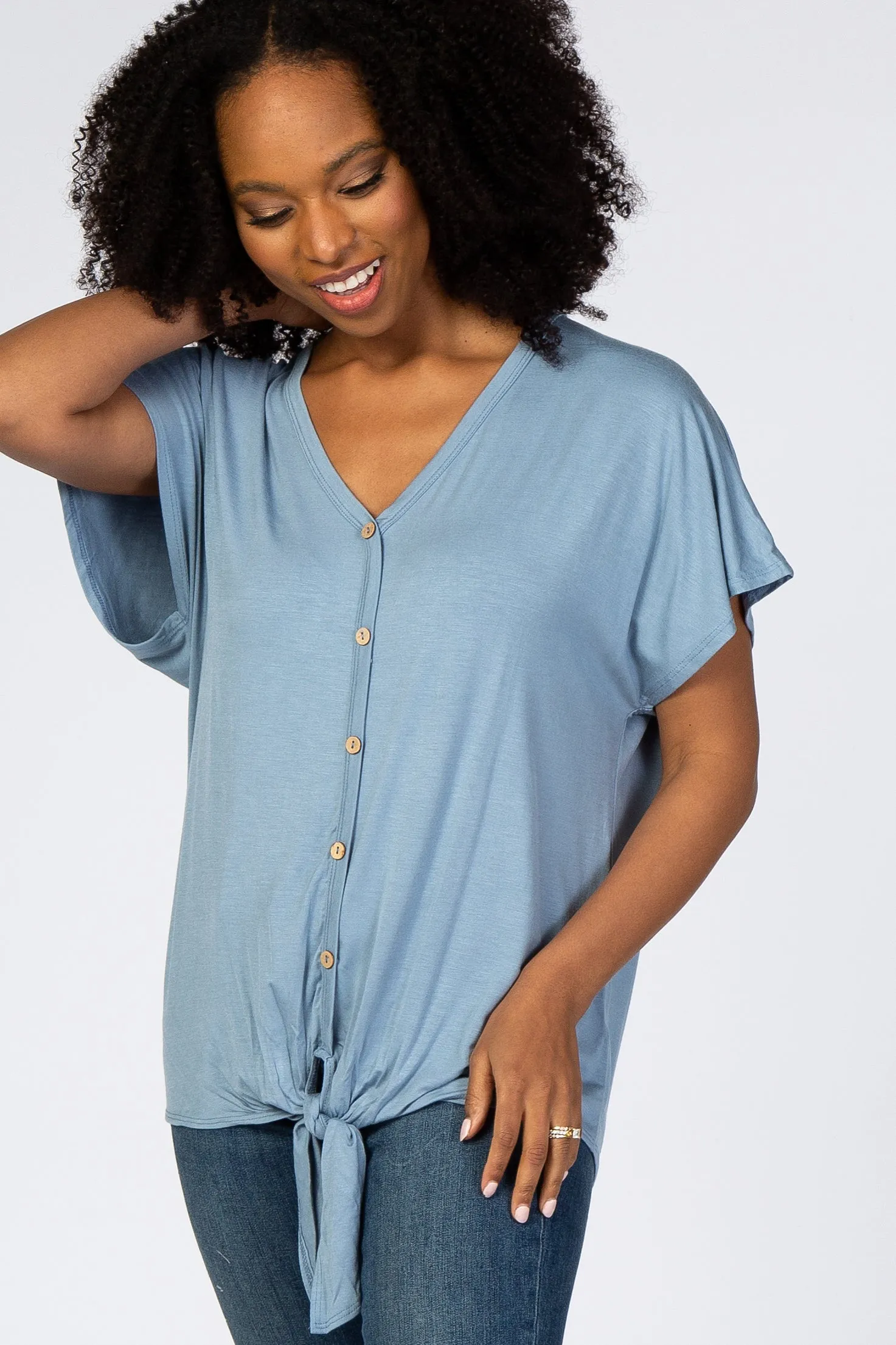 Light Blue Tie Front Short Sleeve Top sold by Pinkblush