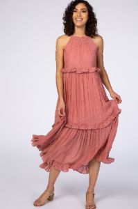 Mauve Halter Neck Ruffle Trim Maternity Maxi Dress sold by Pinkblush