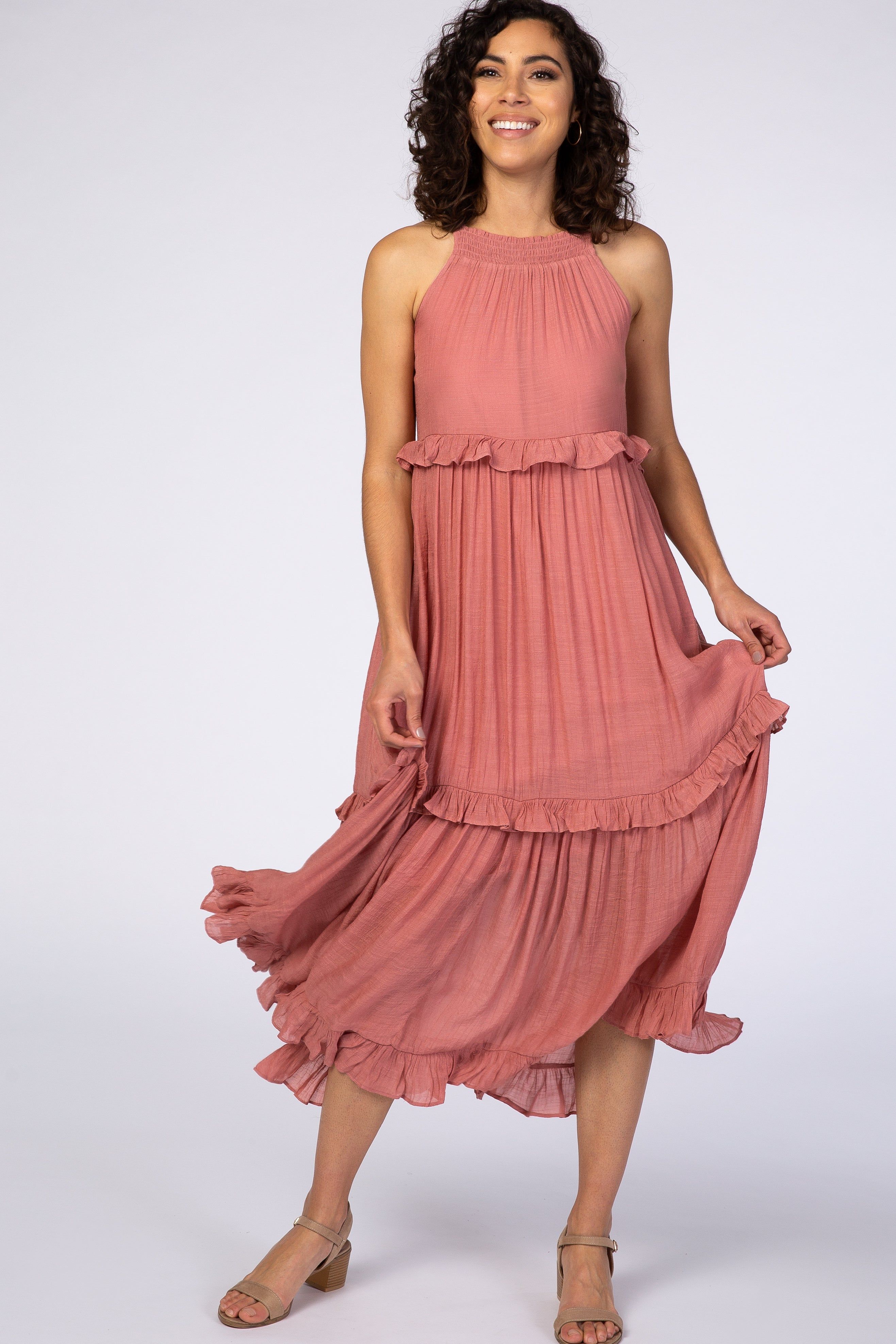 Mauve Halter Neck Ruffle Trim Maternity Maxi Dress sold by Pinkblush product image thumbnail 5