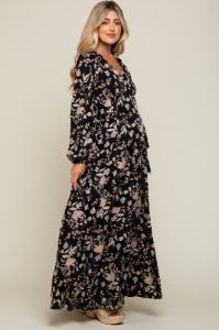 Black Floral Wrap Maternity Maxi Dress sold by Pinkblush