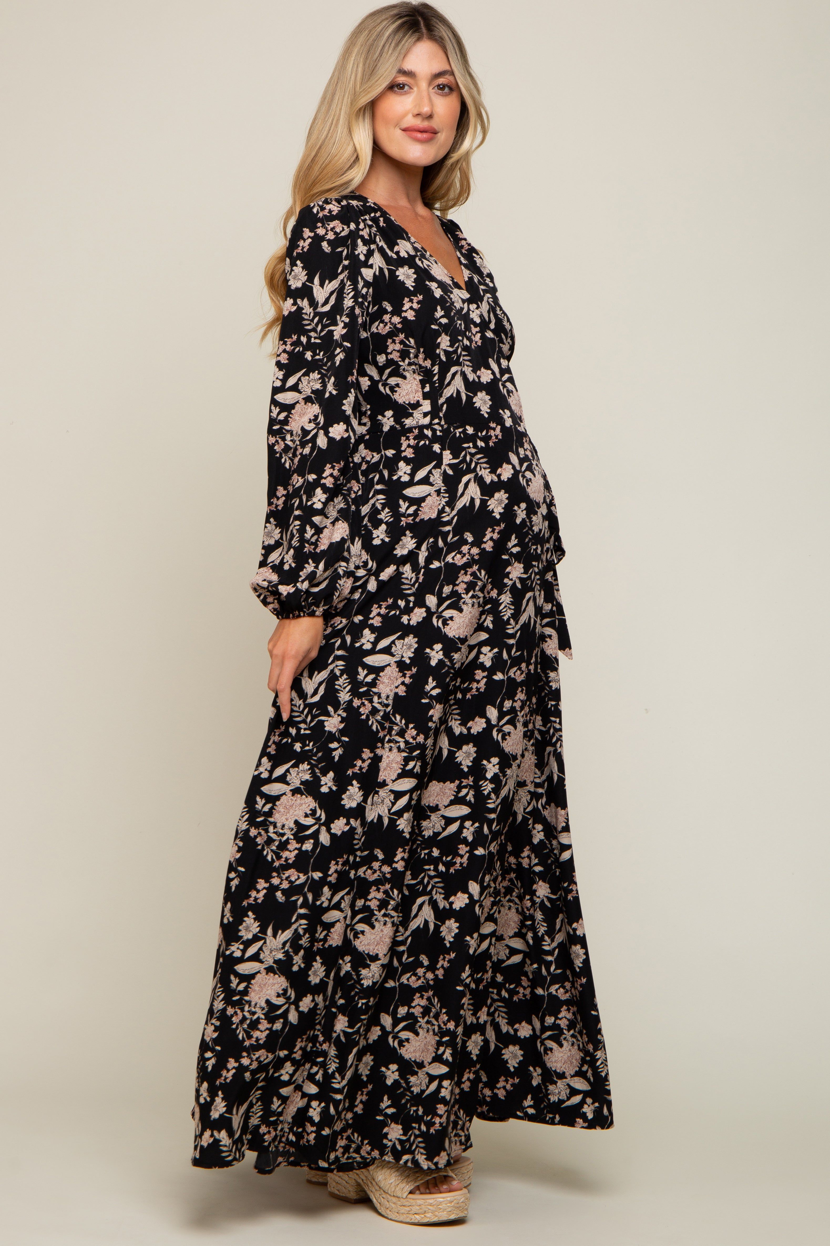 Black Floral Wrap Maternity Maxi Dress sold by Pinkblush product image thumbnail 2