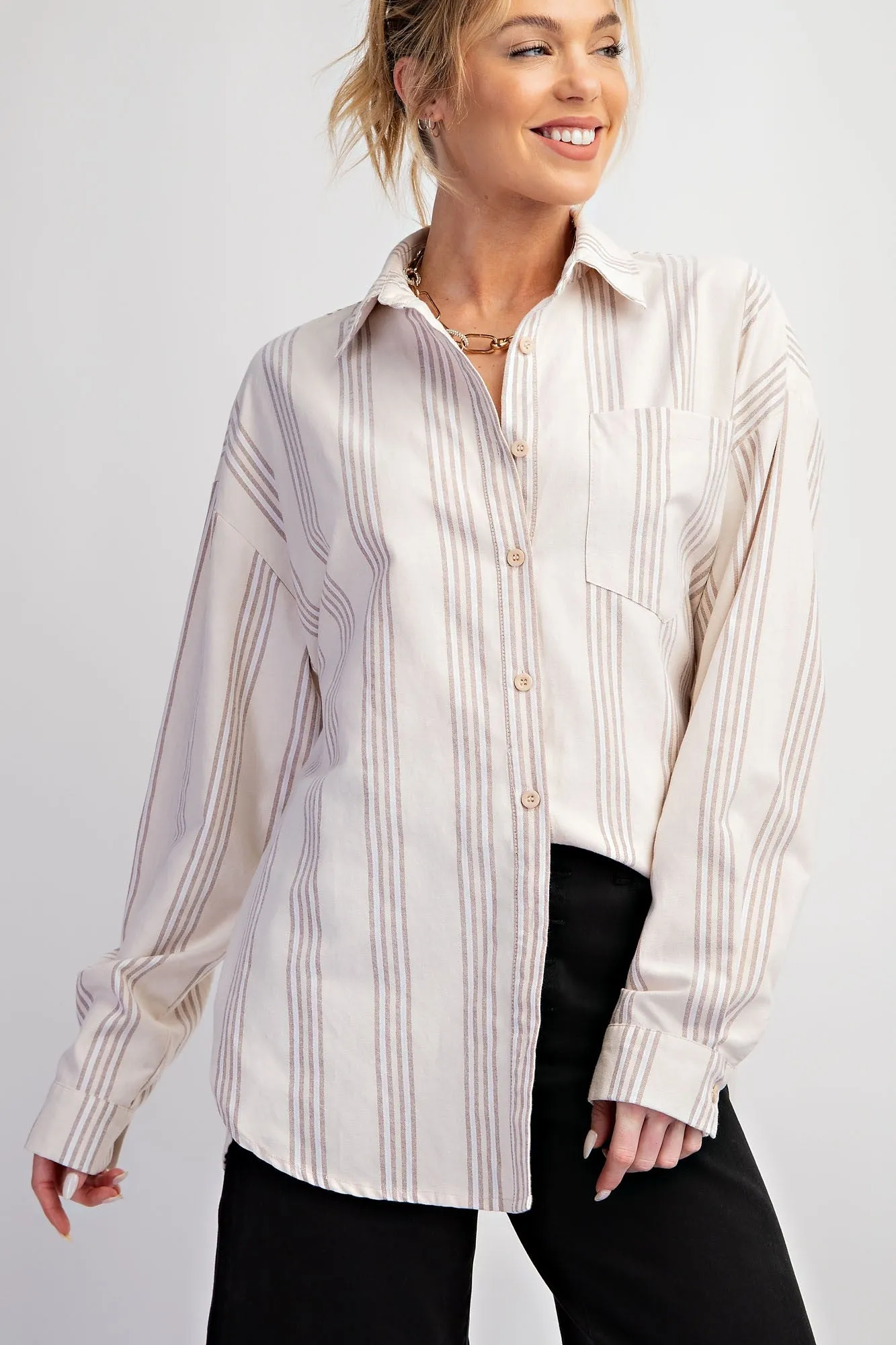 Taupe Stripe Button Down Shirt sold by Pinkblush product image thumbnail 2